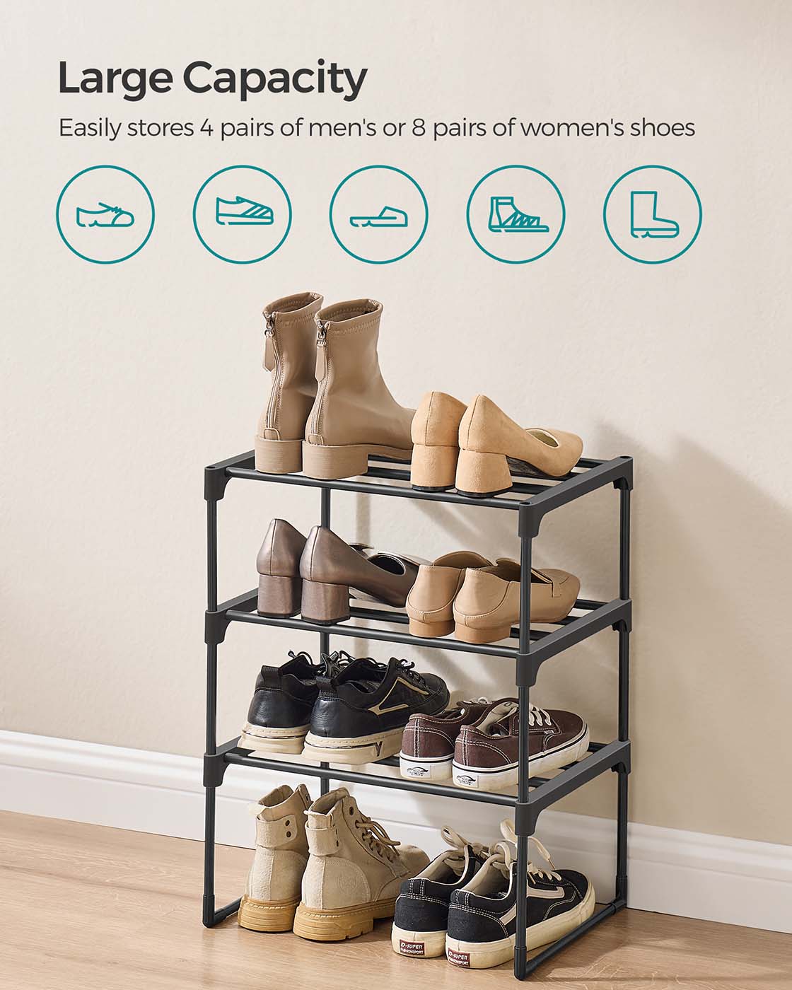 3-Tier Shoe Rack – Metal – Black – Stackable and Easy to Assemble
