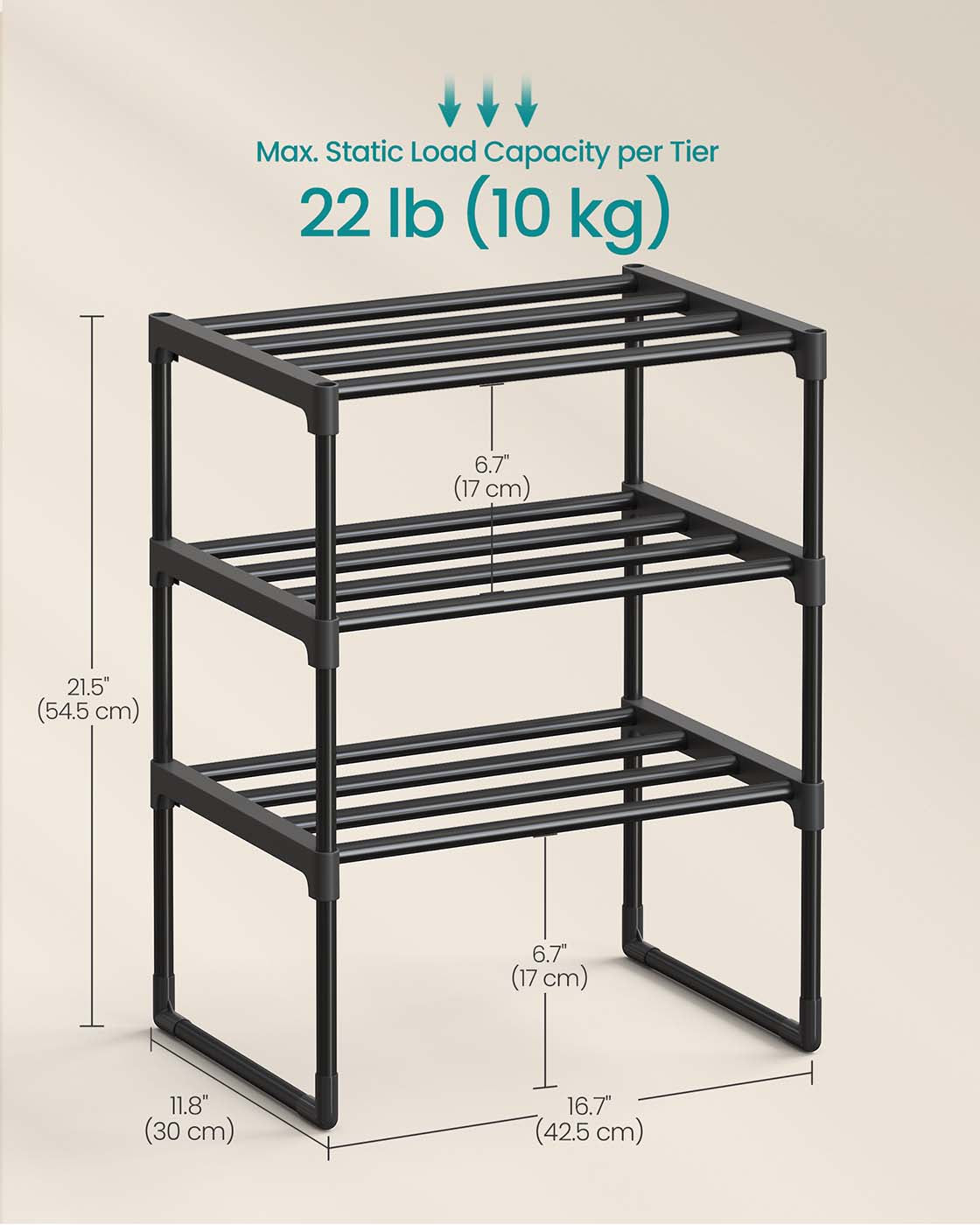 3-Tier Shoe Rack – Metal – Grey – Stackable Storage for 12 to 15 Pairs of Shoes