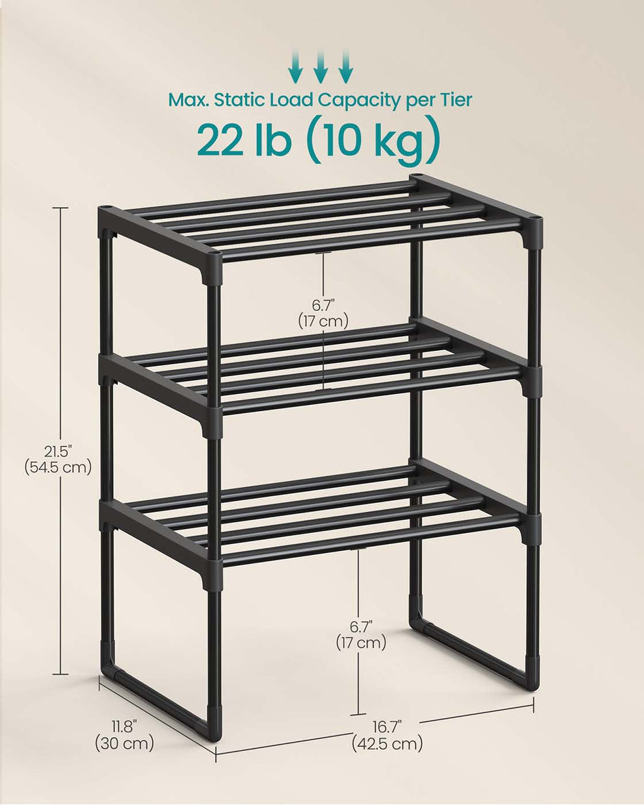 3-Tier Shoe Rack – Metal – Grey – Stackable Storage for 12 to 15 Pairs of Shoes