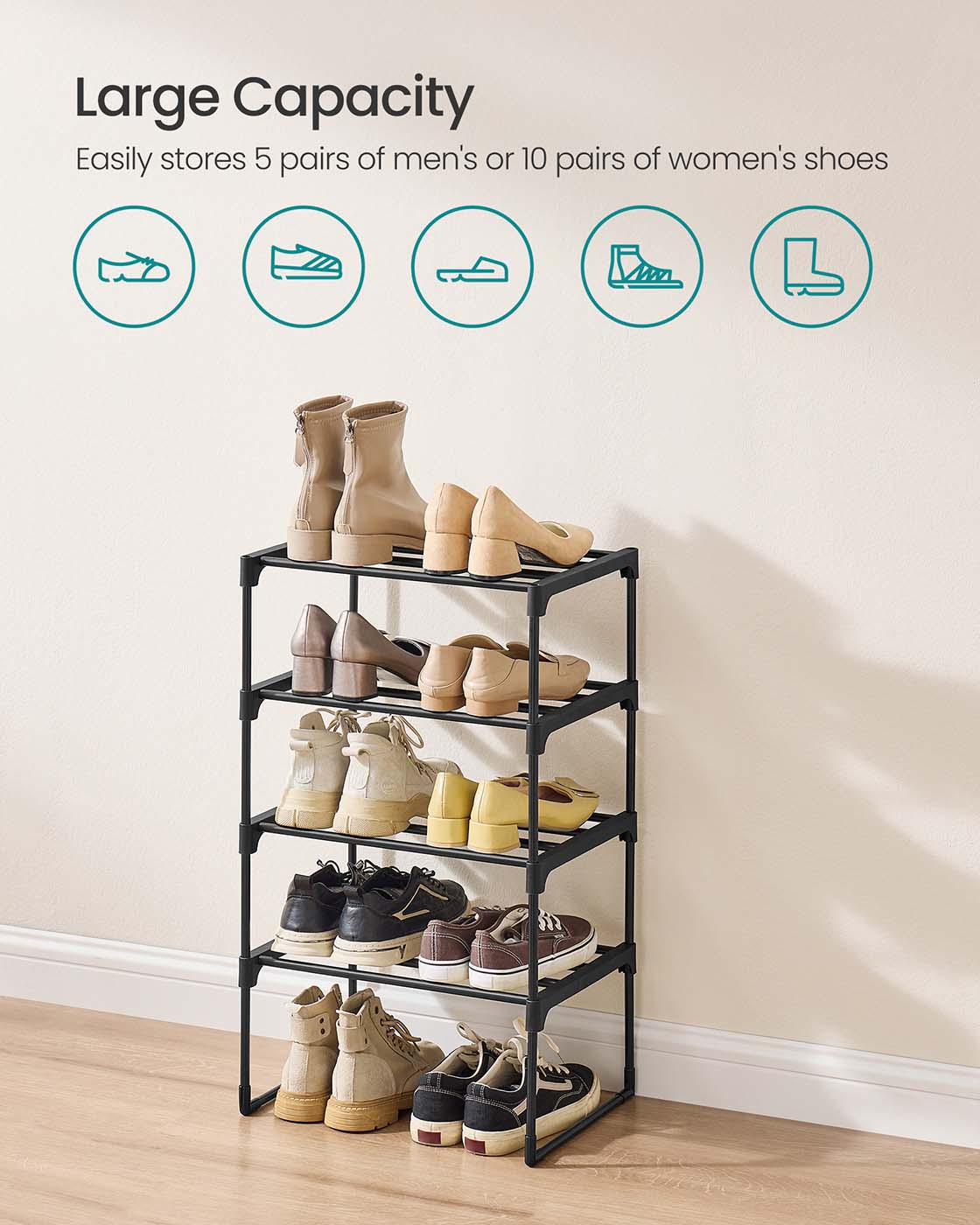 4-Tier Shoe Rack – Metal – Black – Holds Up to 20 Pairs