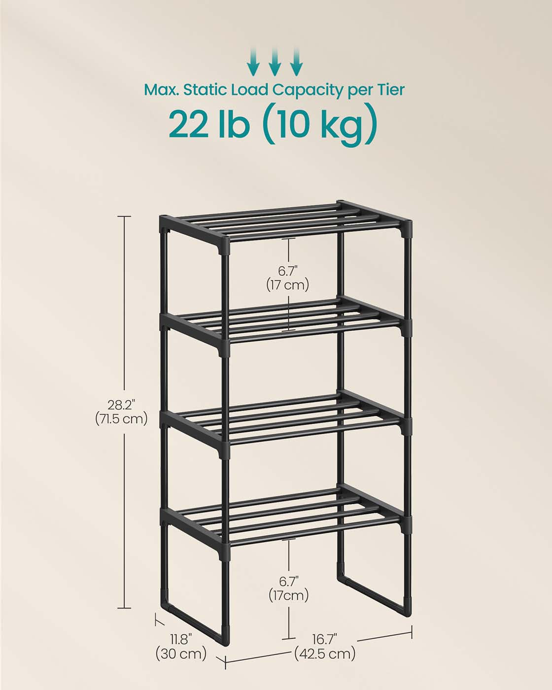 4-Tier Shoe Rack – Metal – Black – Holds Up to 20 Pairs