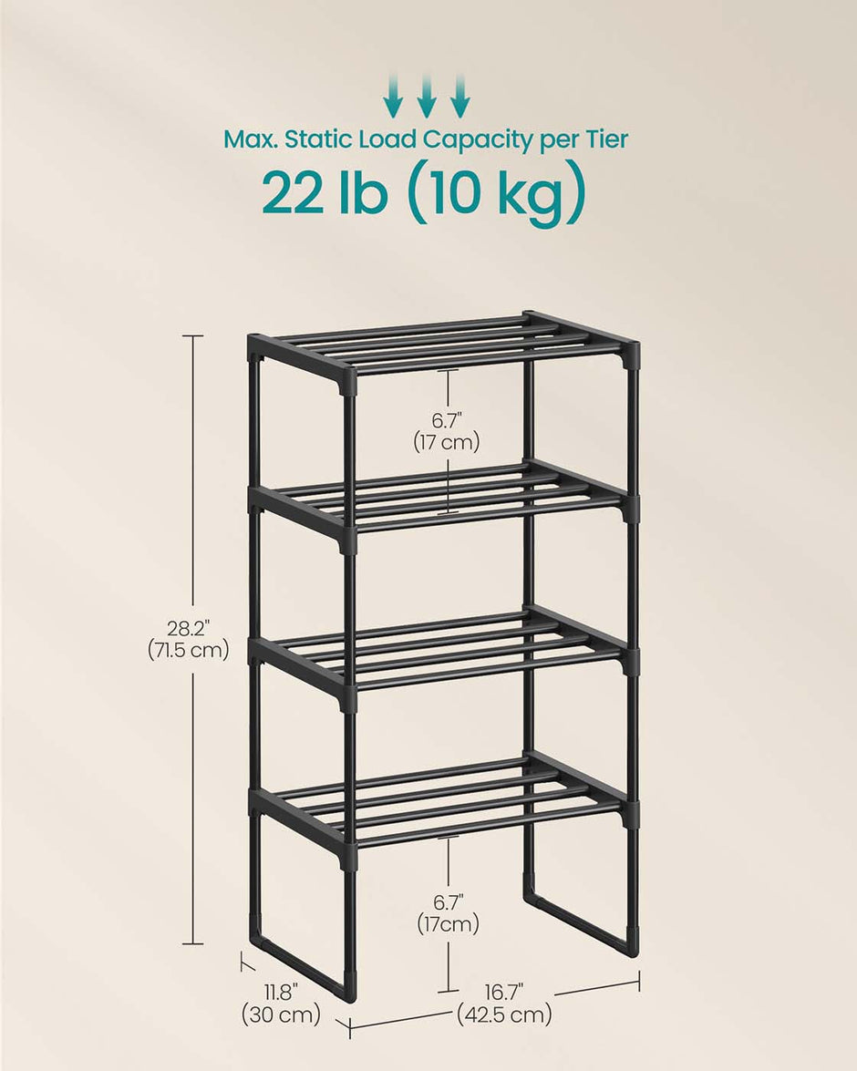 4-Tier Shoe Rack – Metal – Black – Holds Up to 20 Pairs