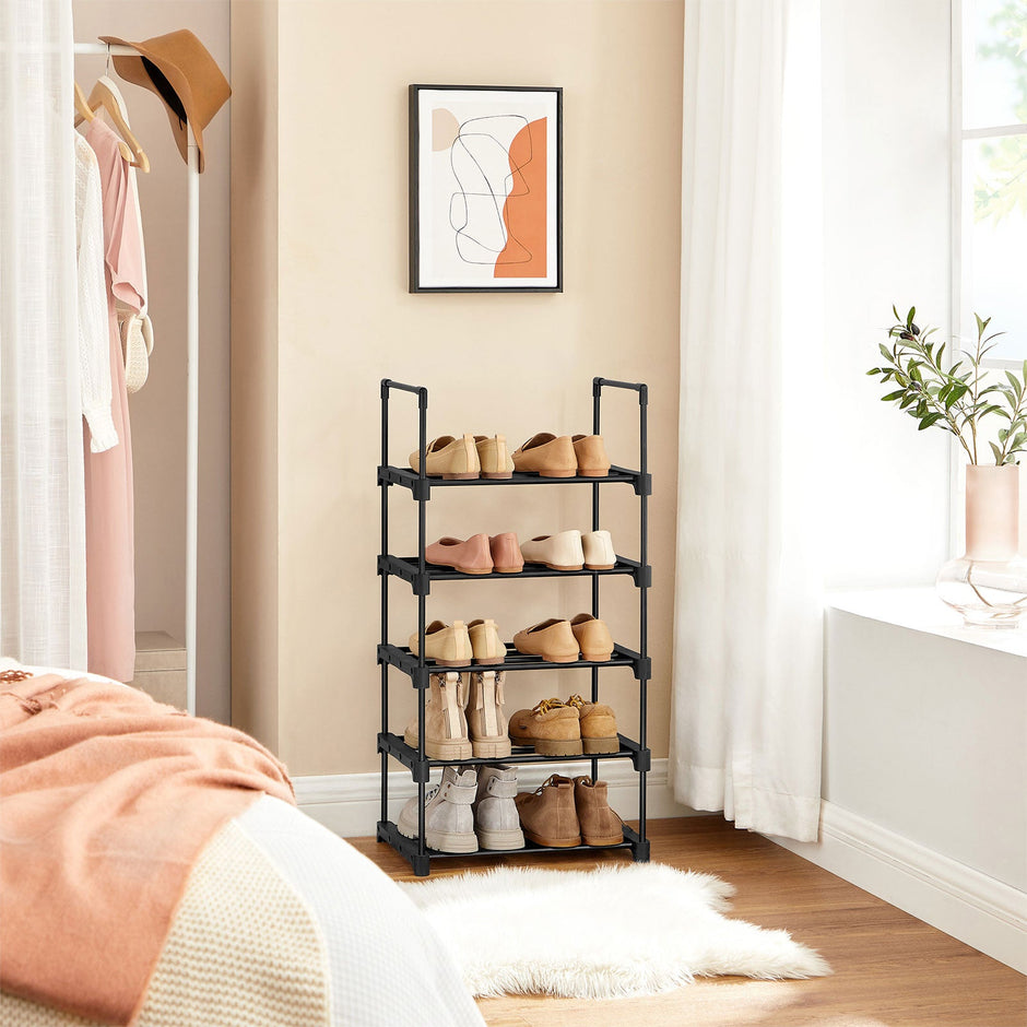 5-Tier Shoe Rack – Metal – Black – Stackable Space-Saving Organizer