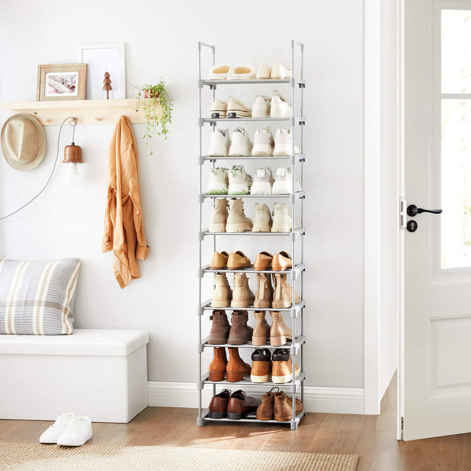 Shoe Rack – Metal – Grey – Height-Adjustable 10-Shelf Design