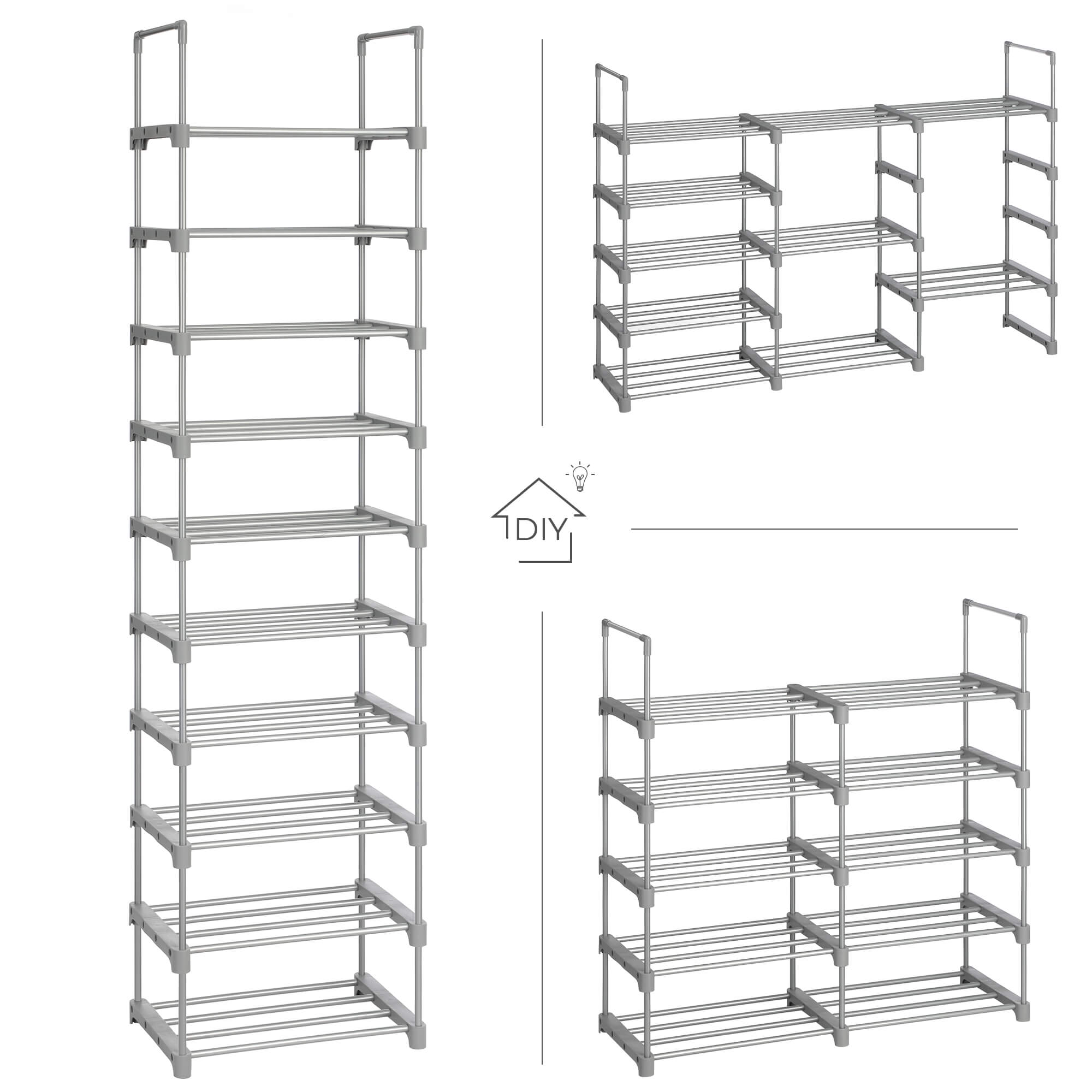 Shoe Rack – Metal – Grey – Height-Adjustable 10-Shelf Design