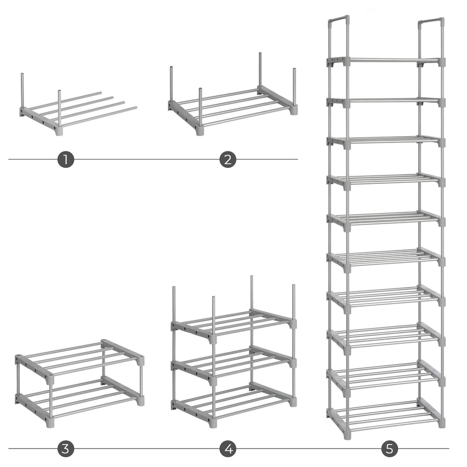 Shoe Rack – Metal – Grey – Height-Adjustable 10-Shelf Design