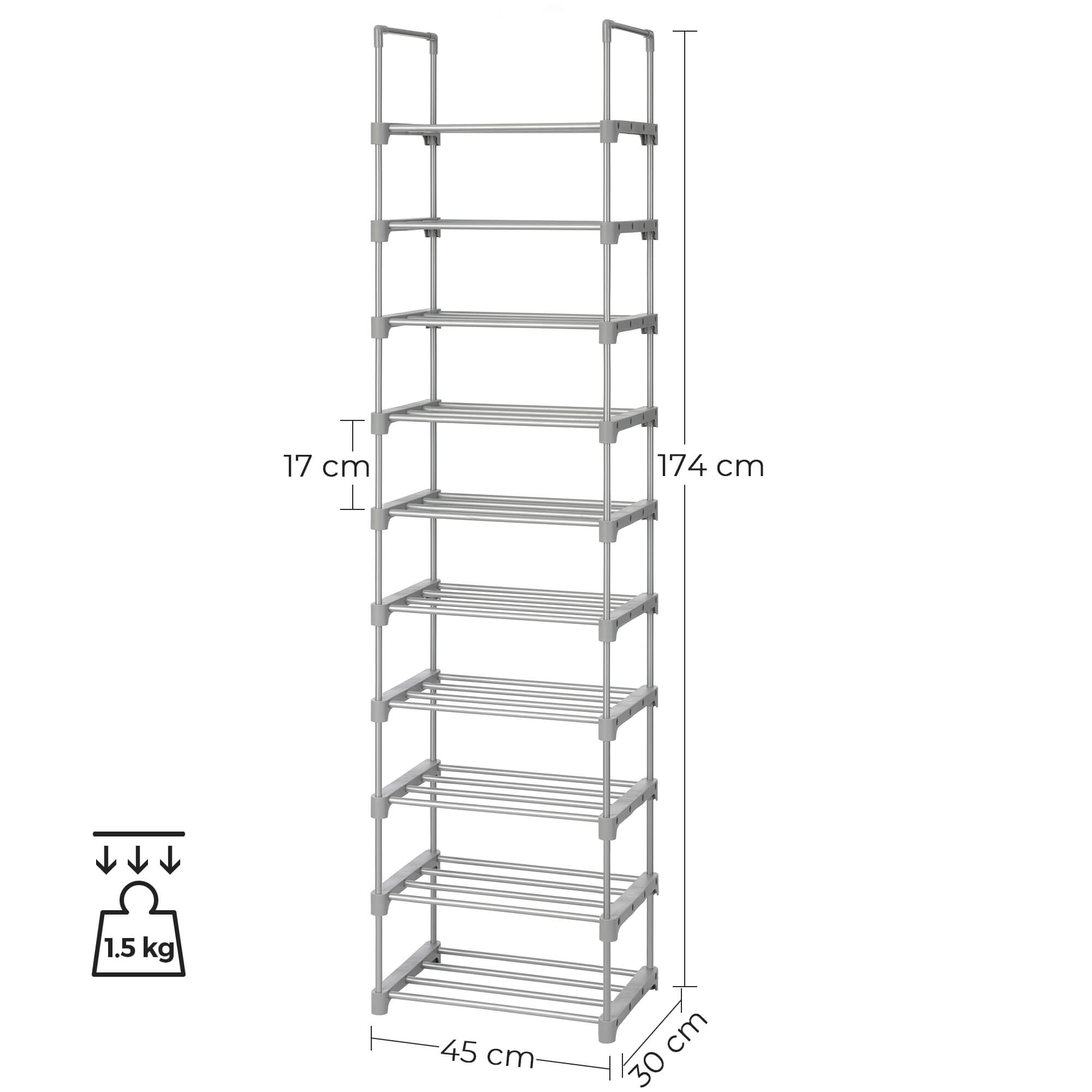 Shoe Rack – Metal – Grey – Height-Adjustable 10-Shelf Design