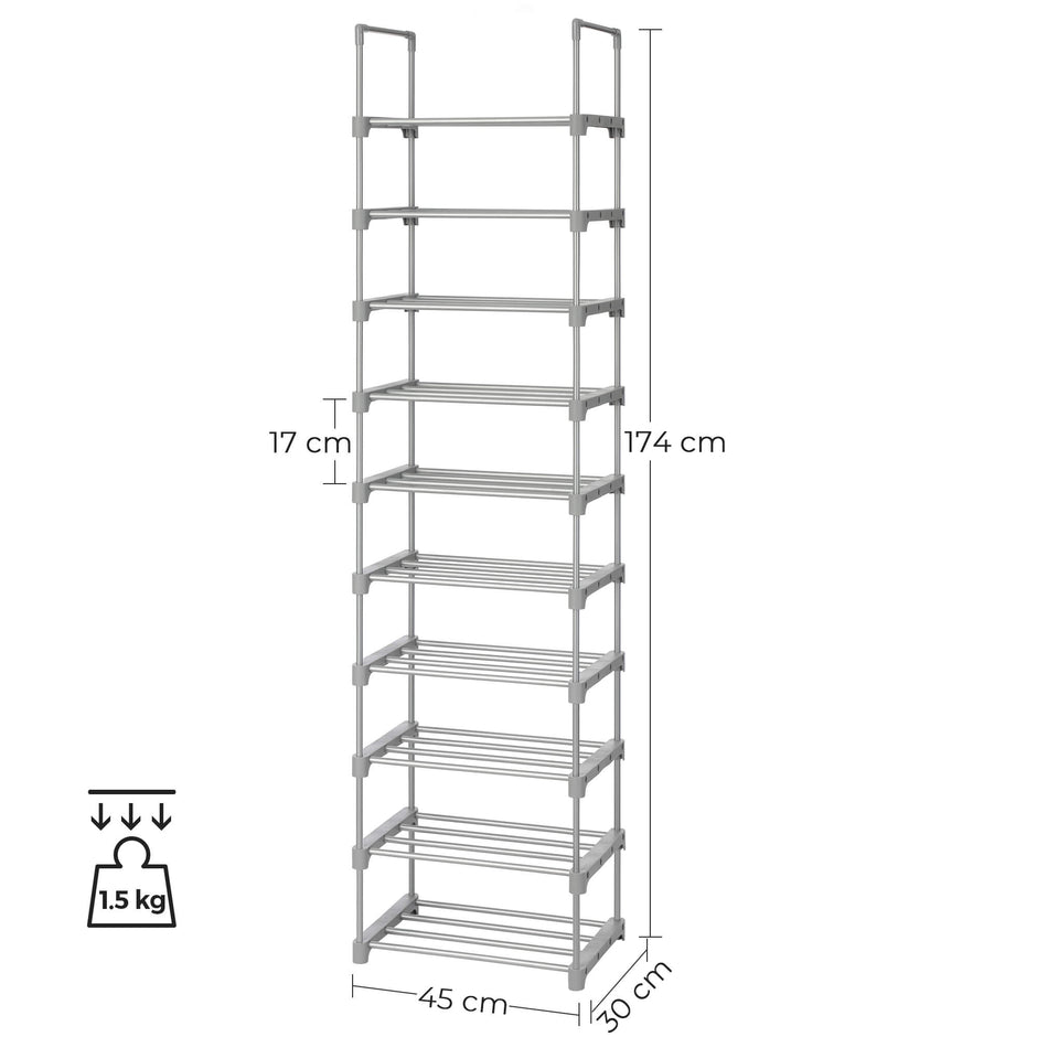 Shoe Rack – Metal – Grey – Height-Adjustable 10-Shelf Design