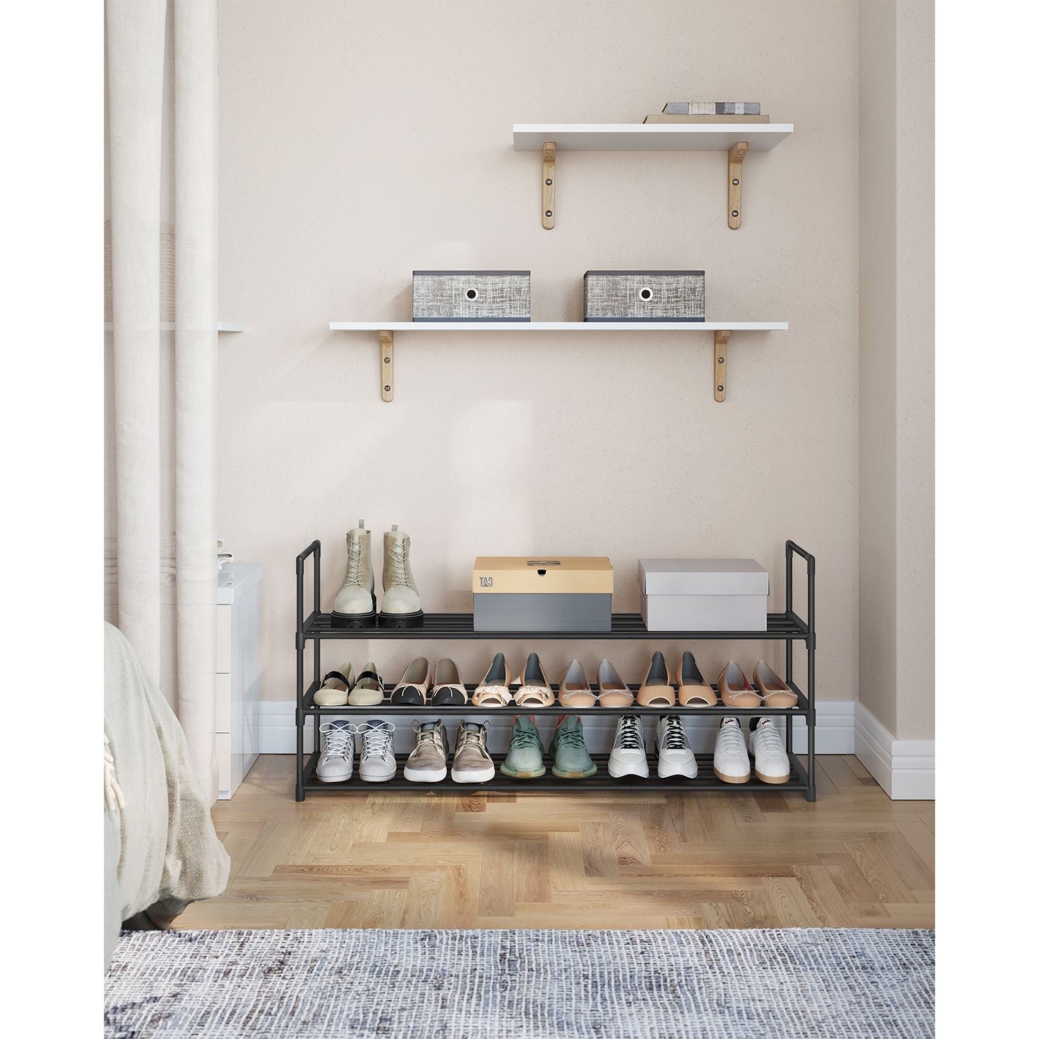 3-Tier Iron Shoe Rack – Black – Space-Saving Design