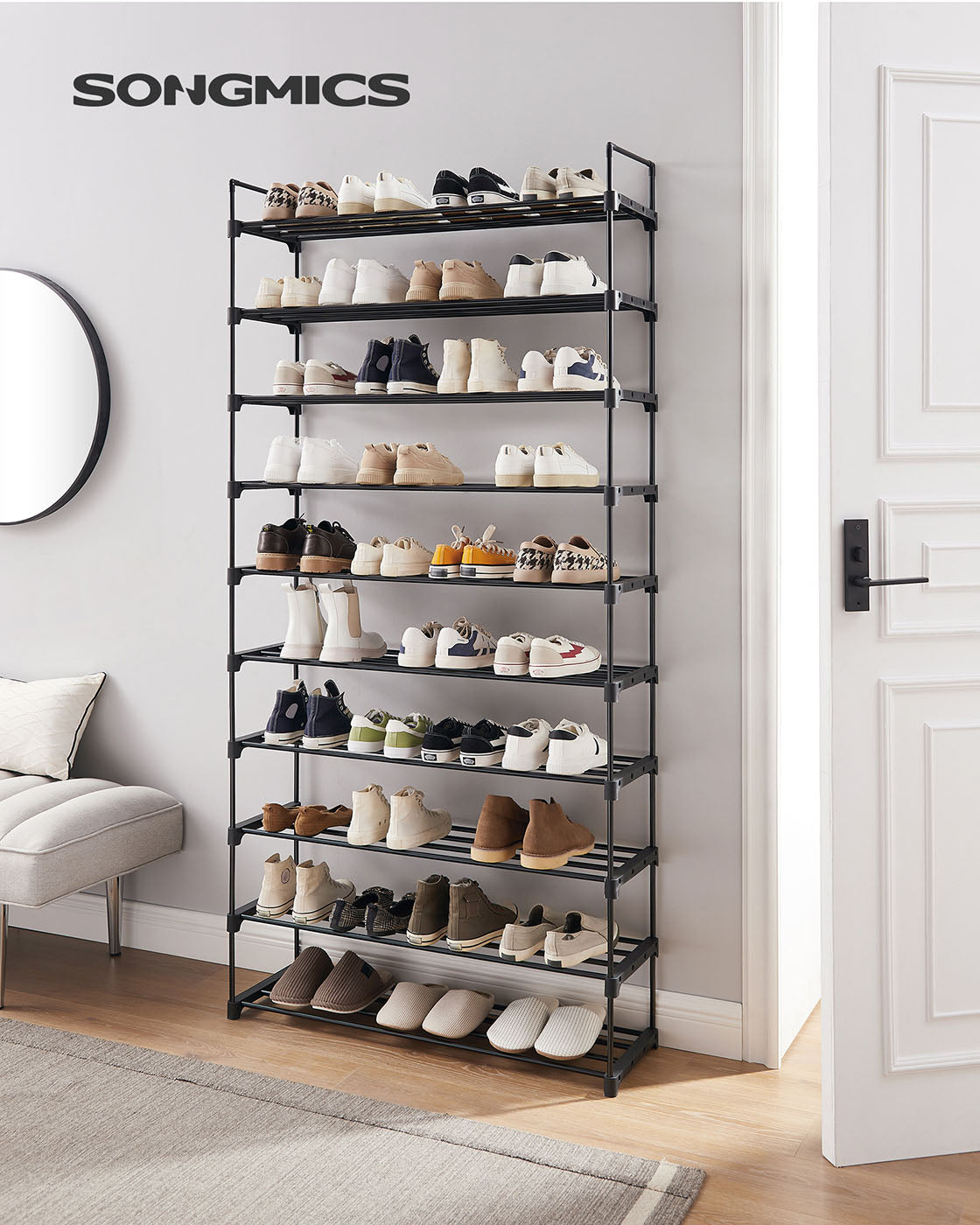 10-Tier Metal Shoe Rack – Black – Holds Up to 50 Pairs