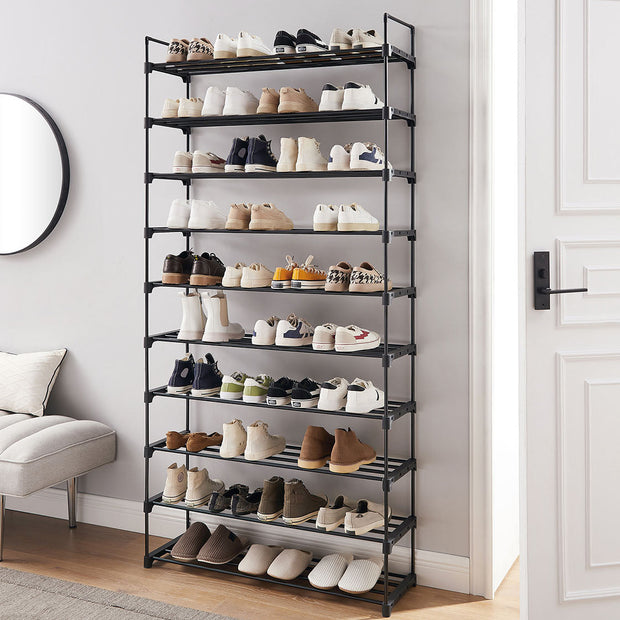 10-Tier Metal Shoe Rack – Black – Holds Up to 50 Pairs