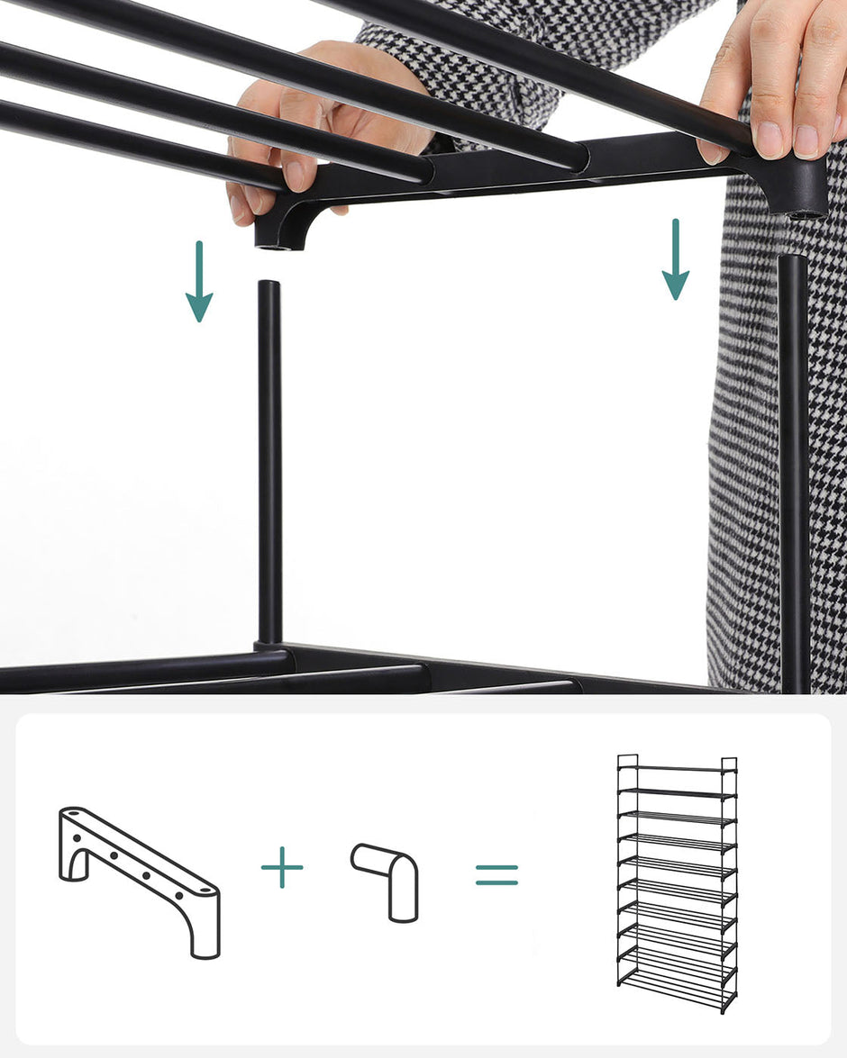 10-Tier Metal Shoe Rack – Black – Holds Up to 50 Pairs