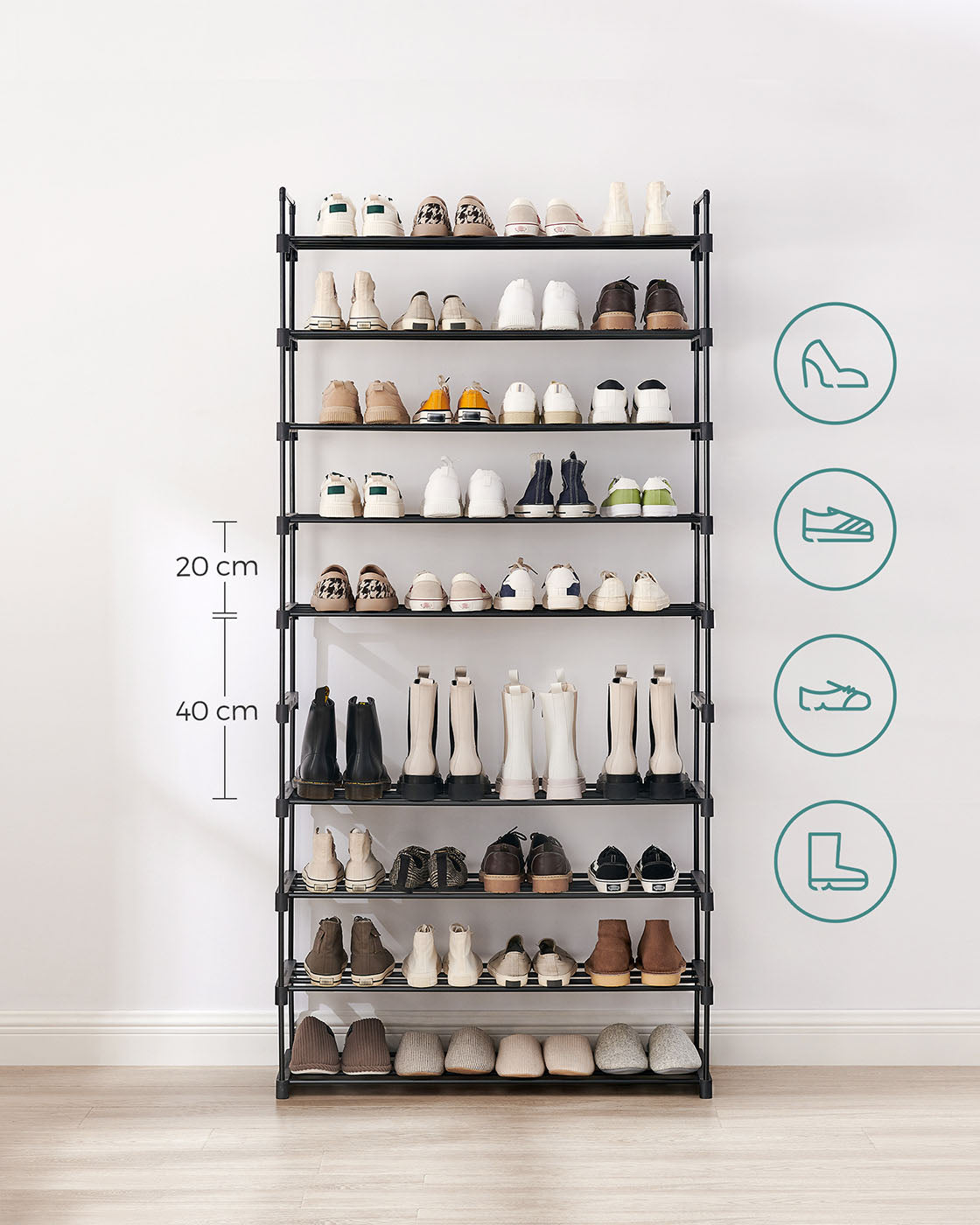 10-Tier Metal Shoe Rack – Black – Holds Up to 50 Pairs