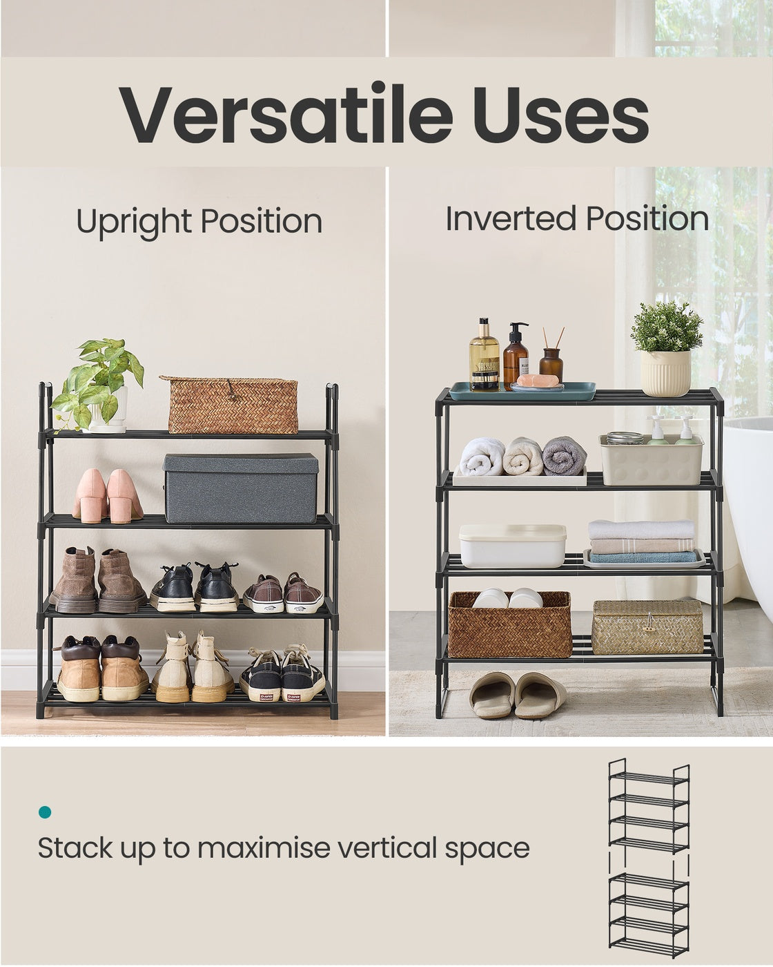 4-Tier Shoe Rack – Metal – Black – Stackable, Fits 10 to 15 Pairs