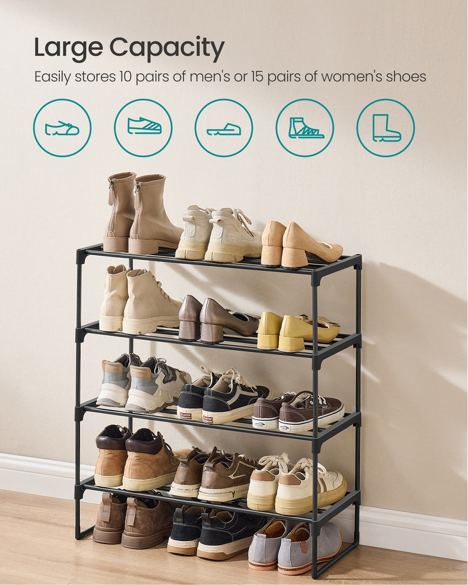 4-Tier Shoe Rack – Metal – Black – Stackable, Fits 10 to 15 Pairs