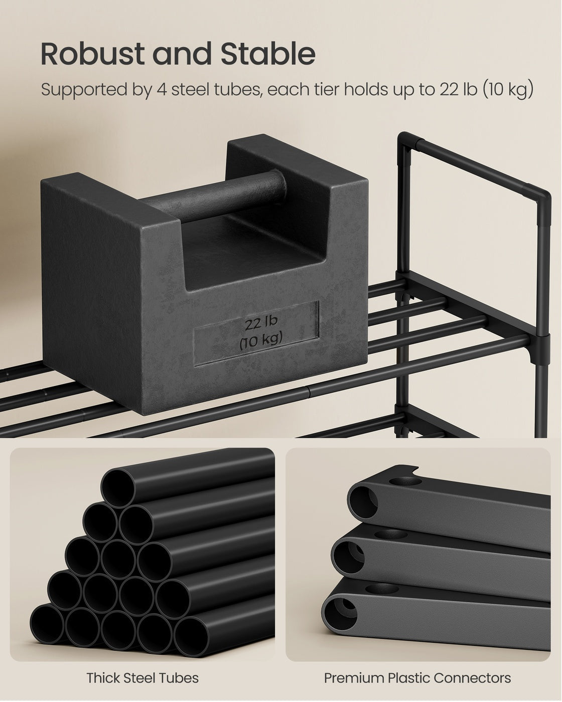 4-Tier Shoe Rack – Metal – Black – Stackable, Fits 10 to 15 Pairs