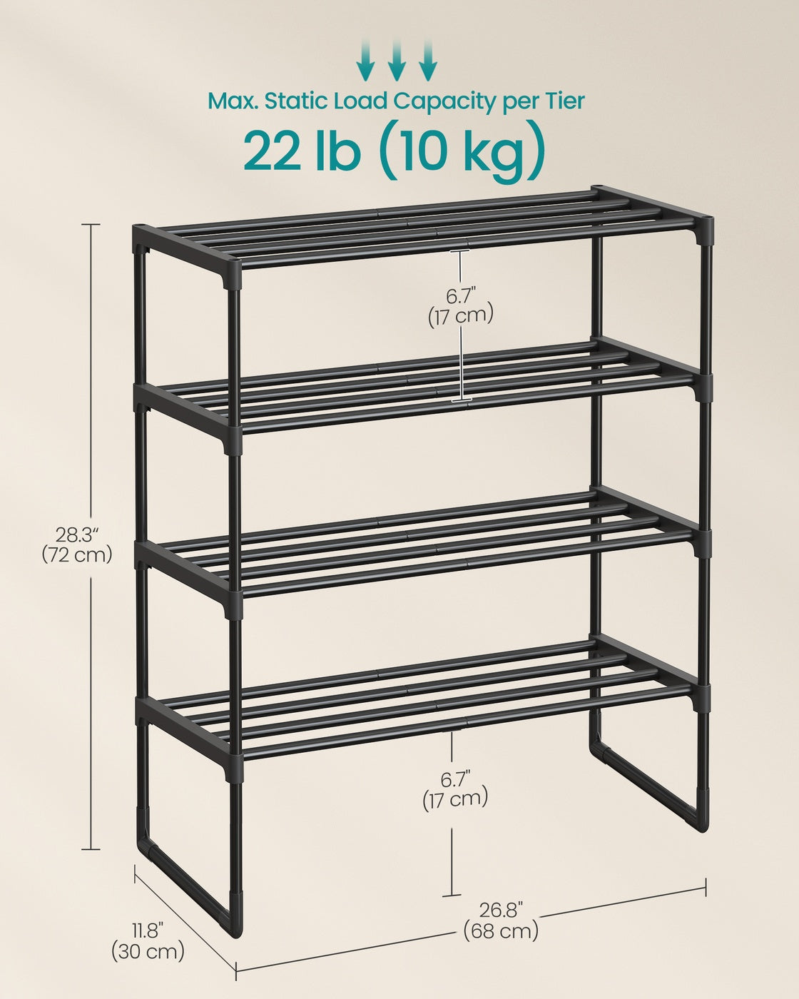 4-Tier Shoe Rack – Metal – Black – Stackable, Fits 10 to 15 Pairs