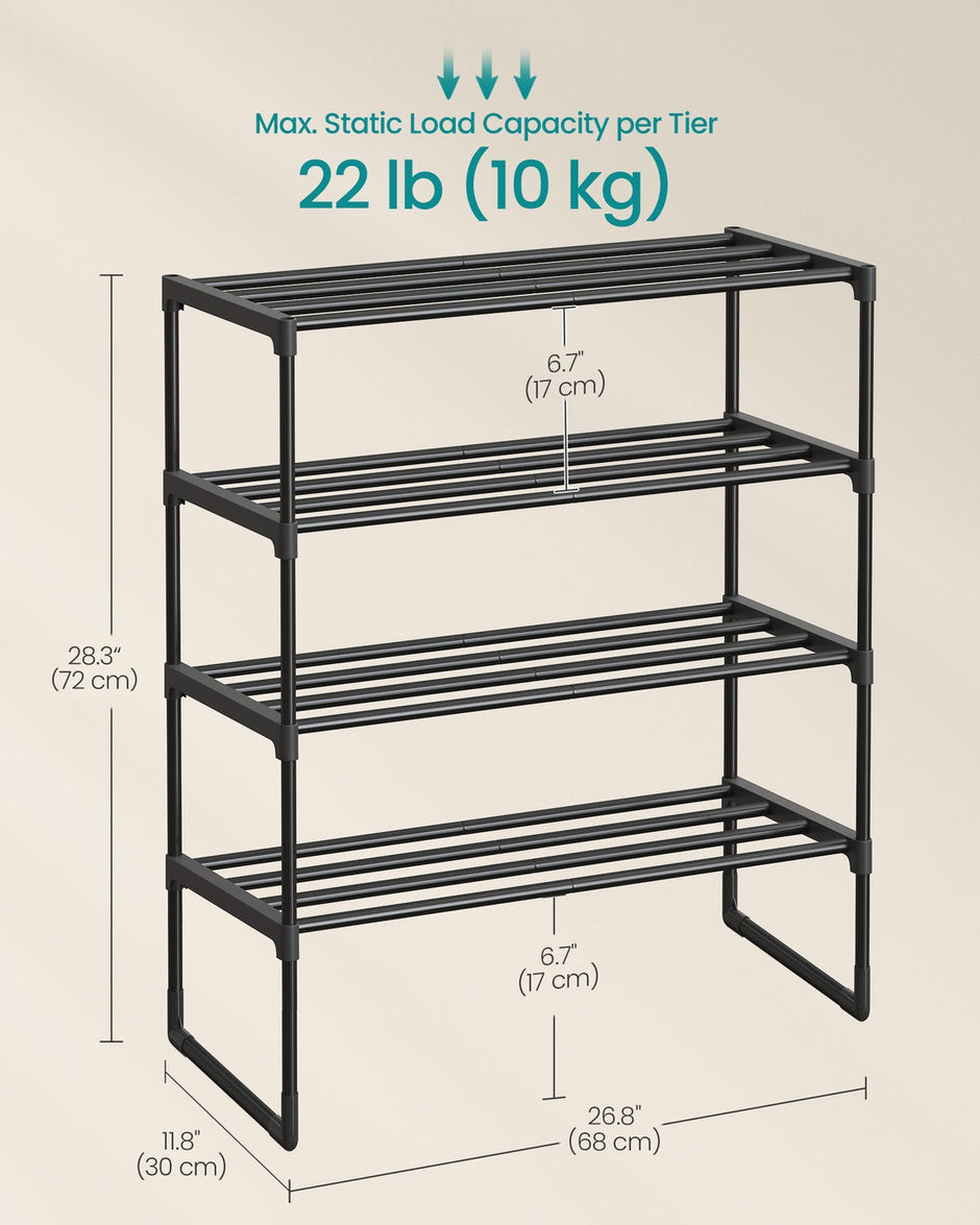 4-Tier Shoe Rack – Metal – Black – Stackable, Fits 10 to 15 Pairs