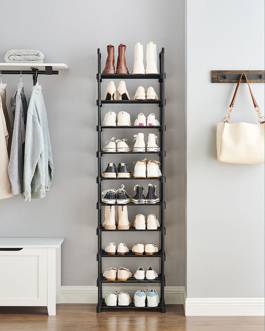 10-Shelf Shoe Rack – Iron – Black – Customisable and Space-Saving Design