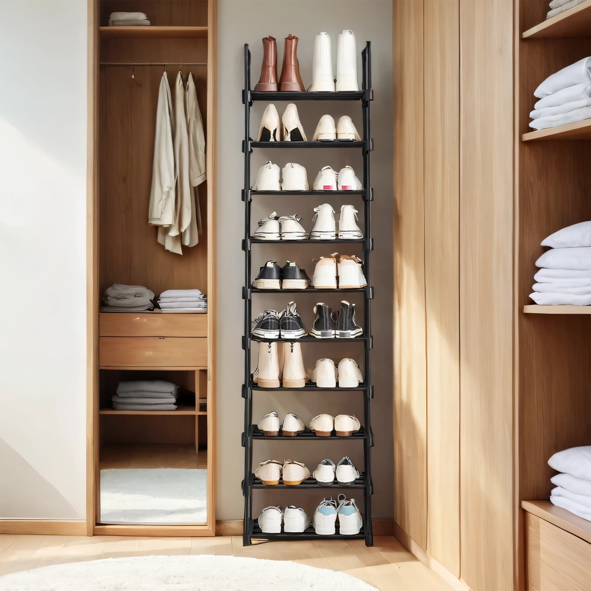10-Tier Shoe Rack – Metal – Black – Customisable Design for Space-Saving Storage in Hallway or Dressing Room