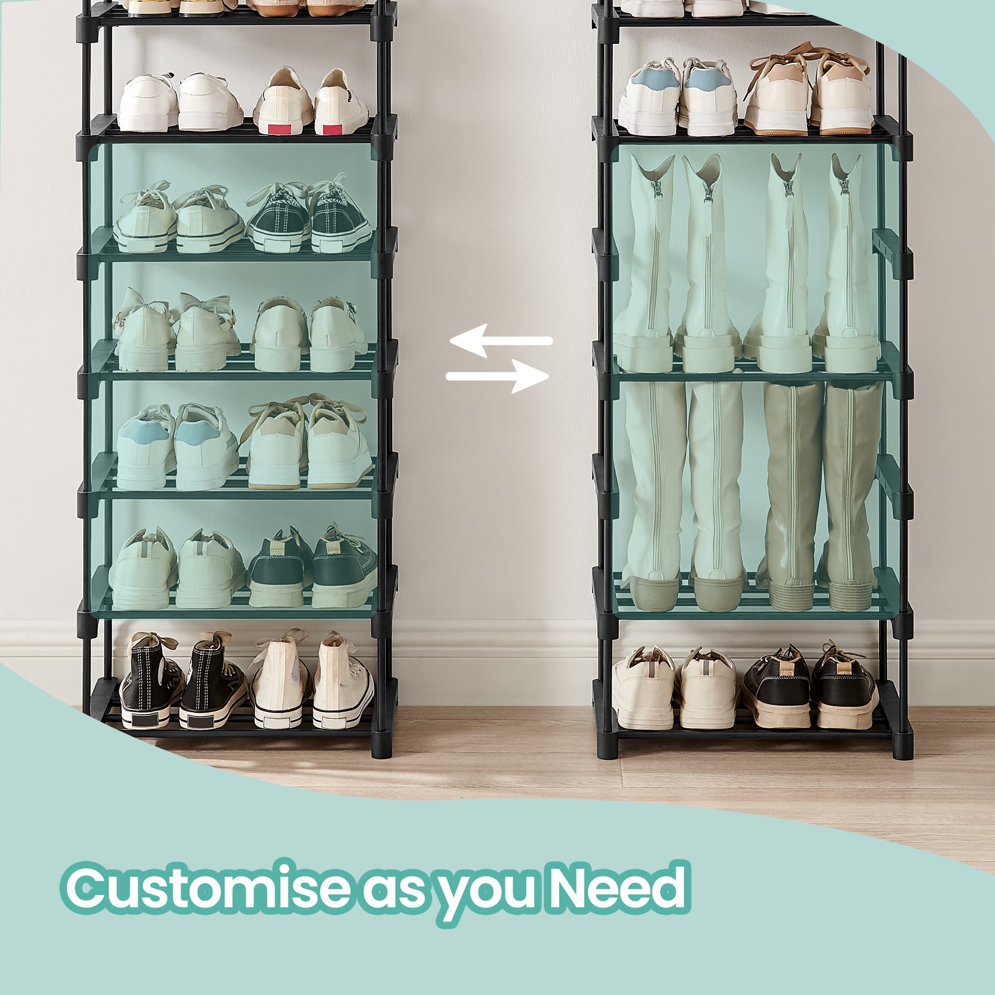 10-Tier Shoe Rack – Metal – Black – Customisable Design for Space-Saving Storage in Hallway or Dressing Room