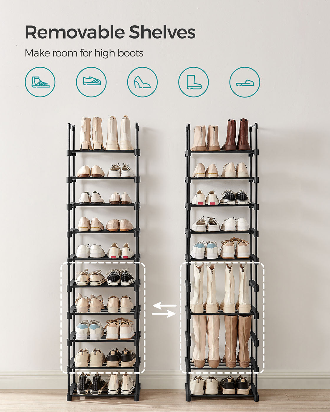 10-Shelf Shoe Rack – Iron – Black – Customisable and Space-Saving Design