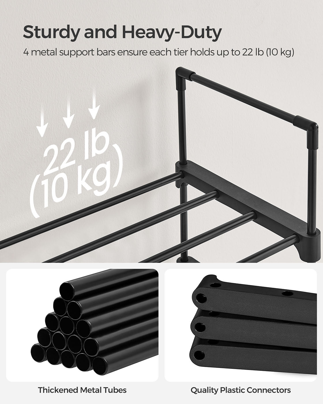 10-Shelf Shoe Rack – Iron – Black – Customisable and Space-Saving Design