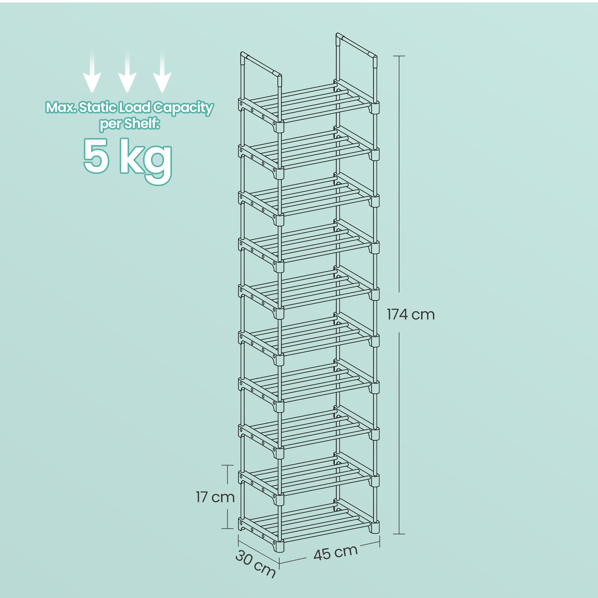 10-Tier Shoe Rack – Metal – Black – Customisable Design for Space-Saving Storage in Hallway or Dressing Room