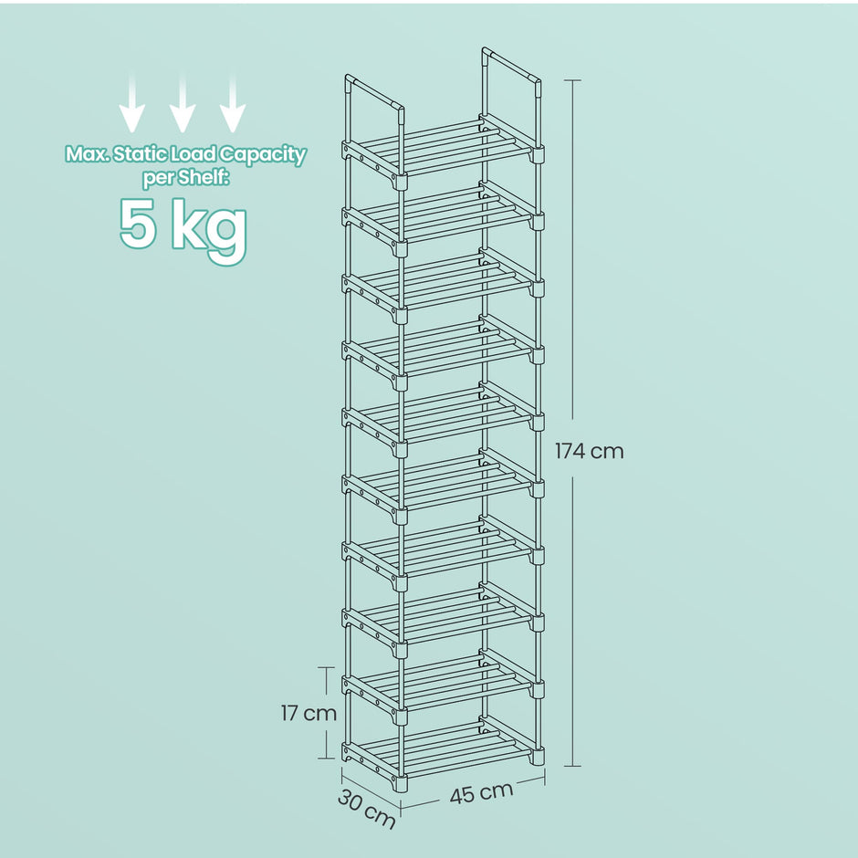 10-Tier Shoe Rack – Metal – Black – Customisable Design for Space-Saving Storage in Hallway or Dressing Room