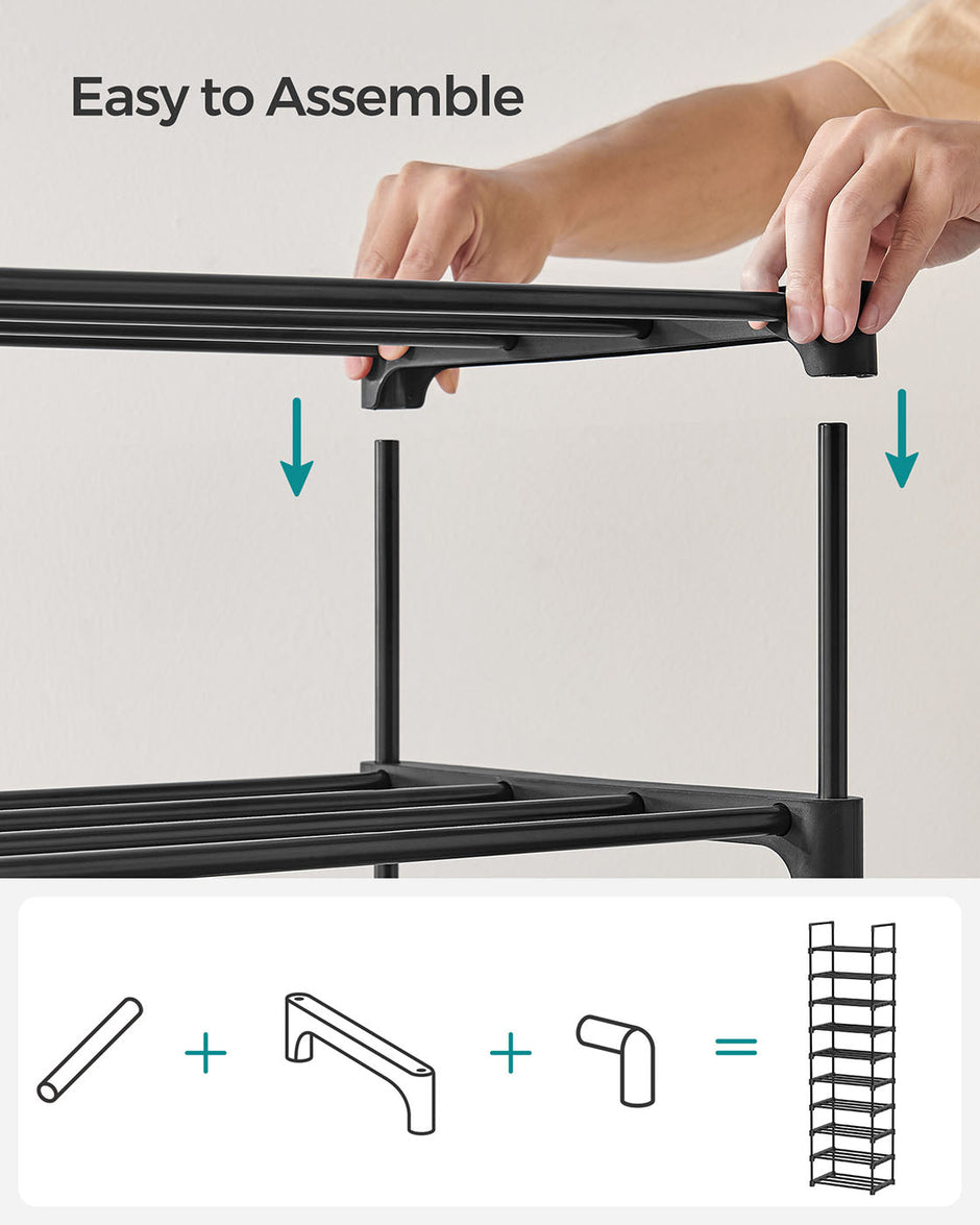 10-Shelf Shoe Rack – Iron – Black – Customisable and Space-Saving Design