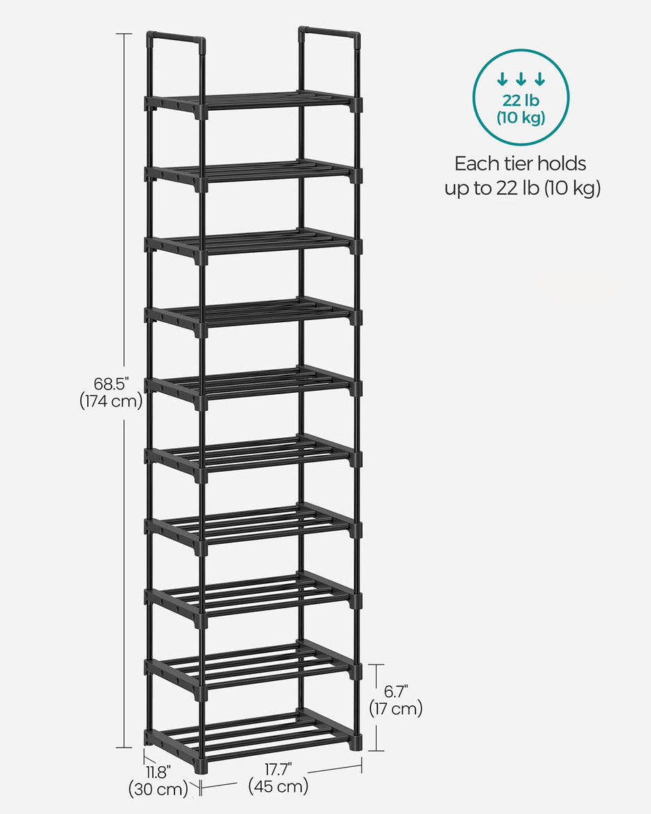 10-Shelf Shoe Rack – Iron – Black – Customisable and Space-Saving Design