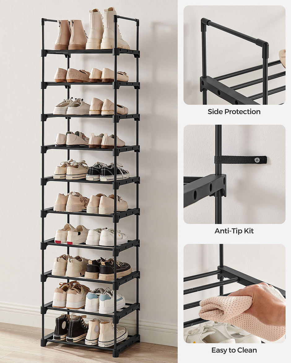 10-Shelf Shoe Rack – Iron – Black – Customisable and Space-Saving Design