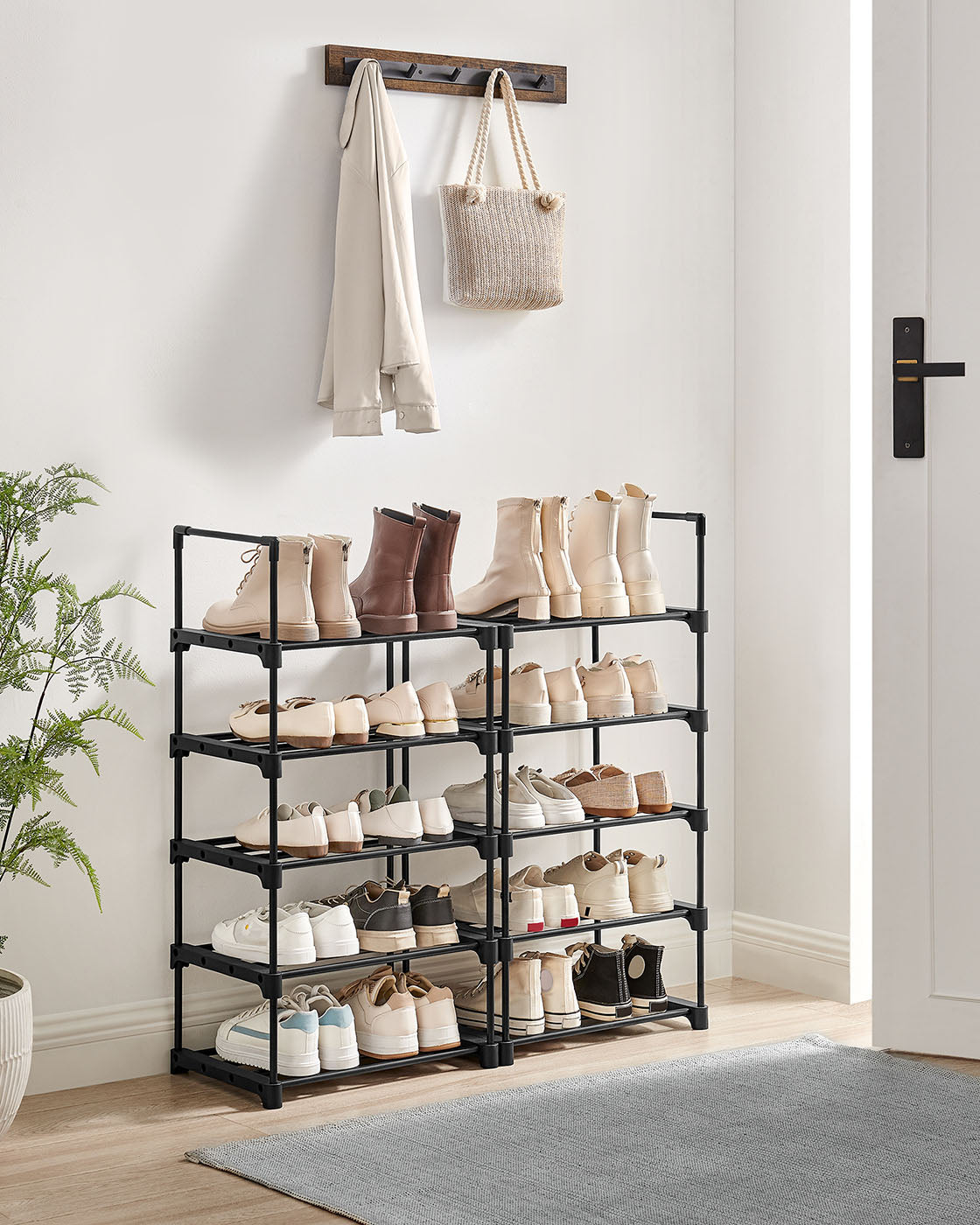 10-Shelf Shoe Rack – Iron – Black – Customisable and Space-Saving Design