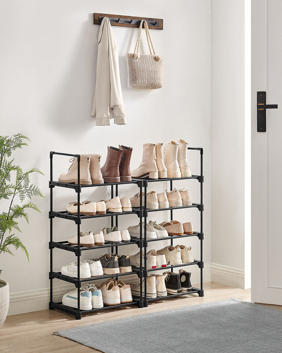 10-Shelf Shoe Rack – Iron – Black – Customisable and Space-Saving Design