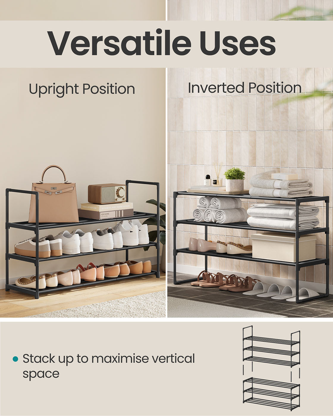 3-Tier Shoe Rack – Metal – Black – Stackable and Easy to Assemble