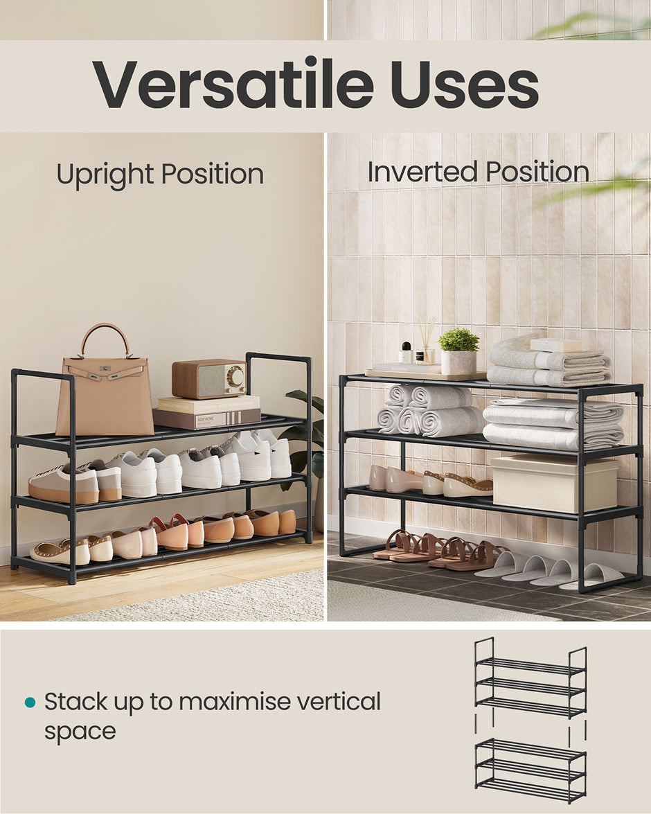 3-Tier Shoe Rack – Metal – Black – Stackable and Easy to Assemble