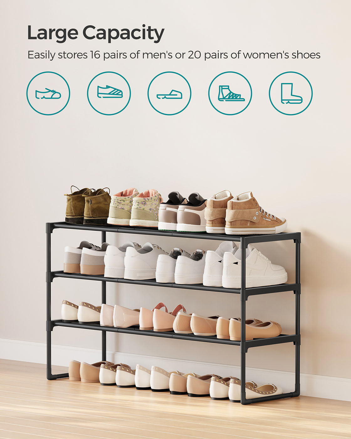 3-Tier Shoe Rack – Metal – Black – Stackable and Easy to Assemble