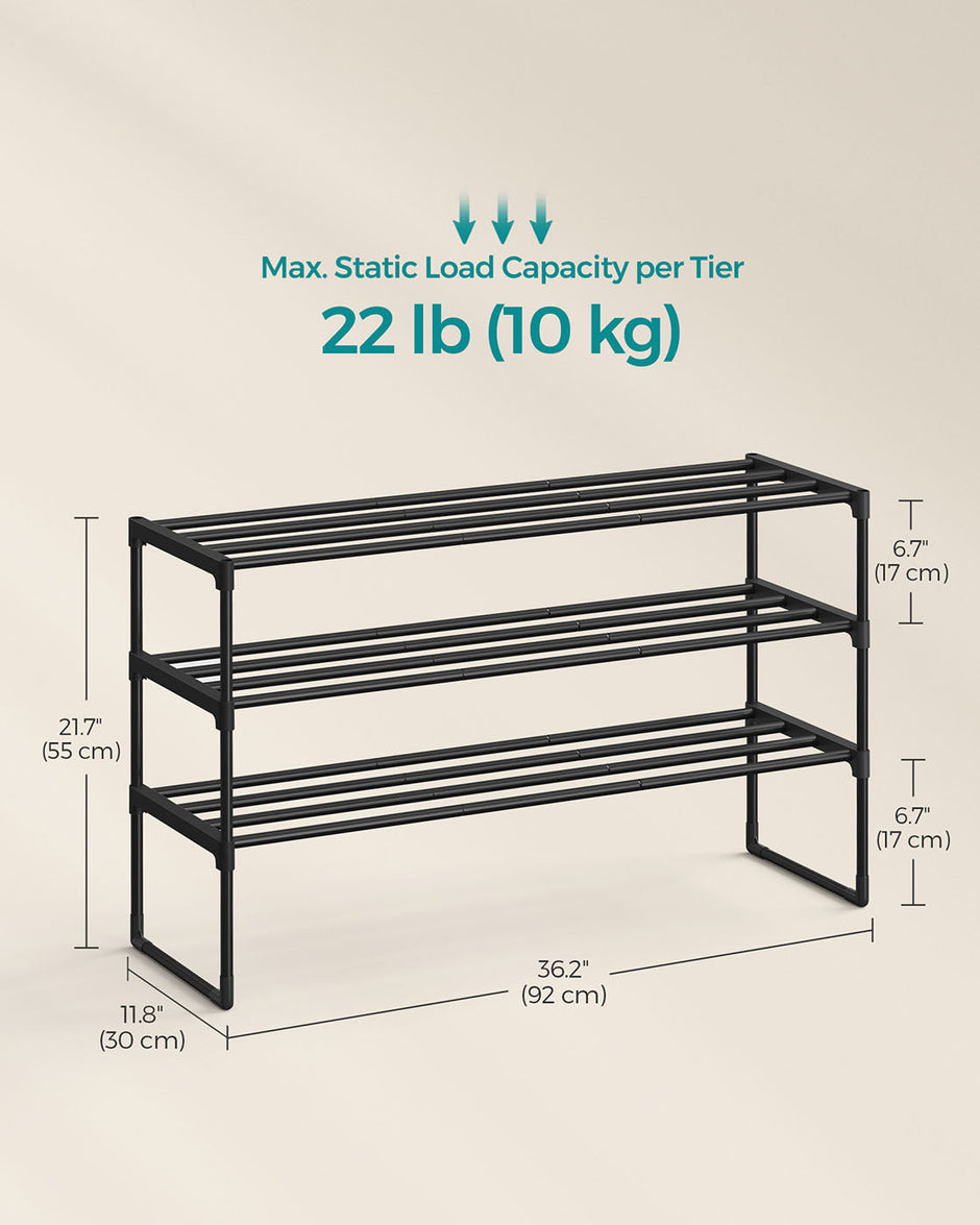 3-Tier Shoe Rack – Metal – Black – Stackable and Easy to Assemble