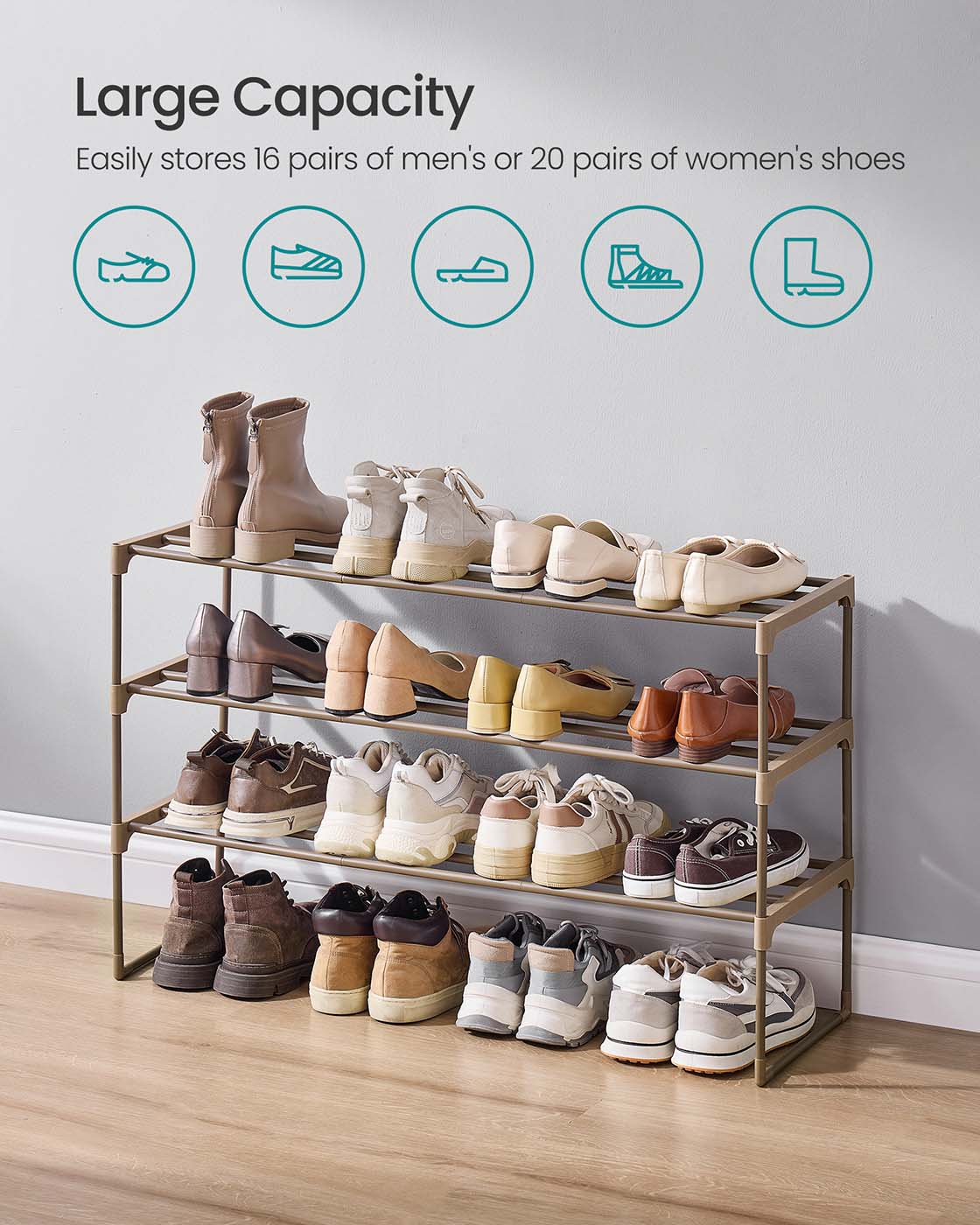 3-Tier Shoe Rack – Metal – Walnut Brown – Fits 16 to 20 Pairs