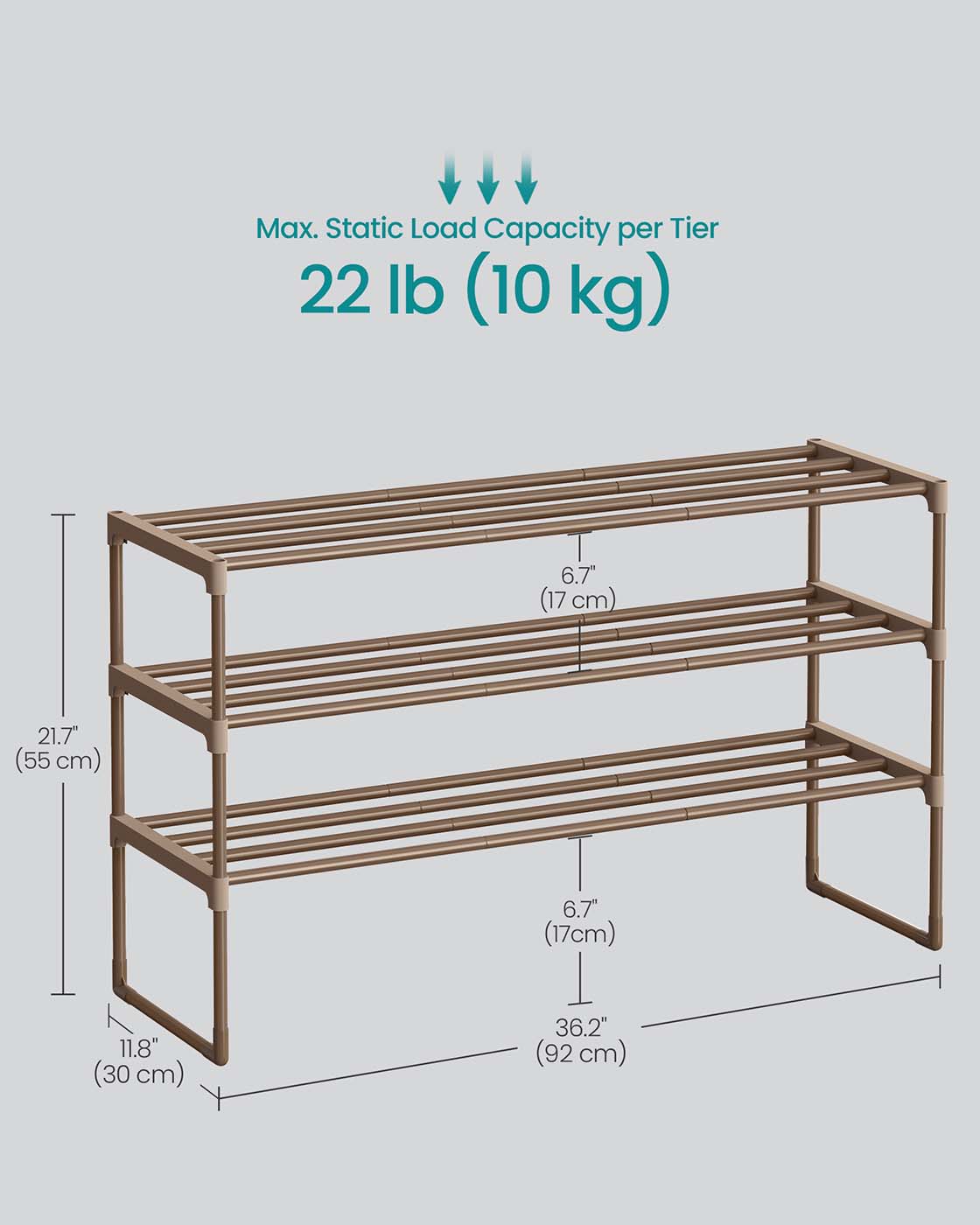 3-Tier Shoe Rack – Metal – Walnut Brown – Fits 16 to 20 Pairs