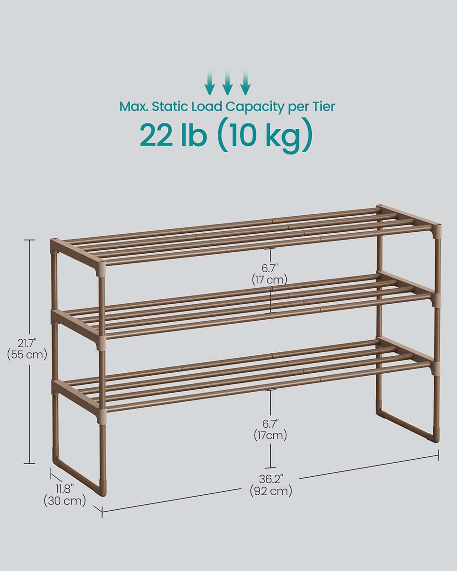 3-Tier Shoe Rack – Metal – Walnut Brown – Fits 16 to 20 Pairs