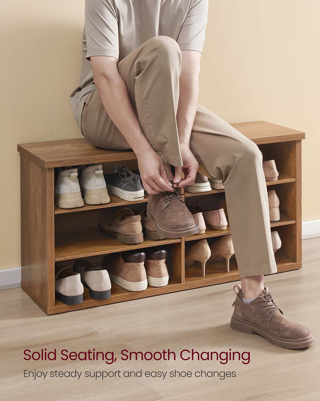 Shoe Storage Bench – Engineered Wood – Honey Brown – Adjustable Shelves, 6 Compartments
