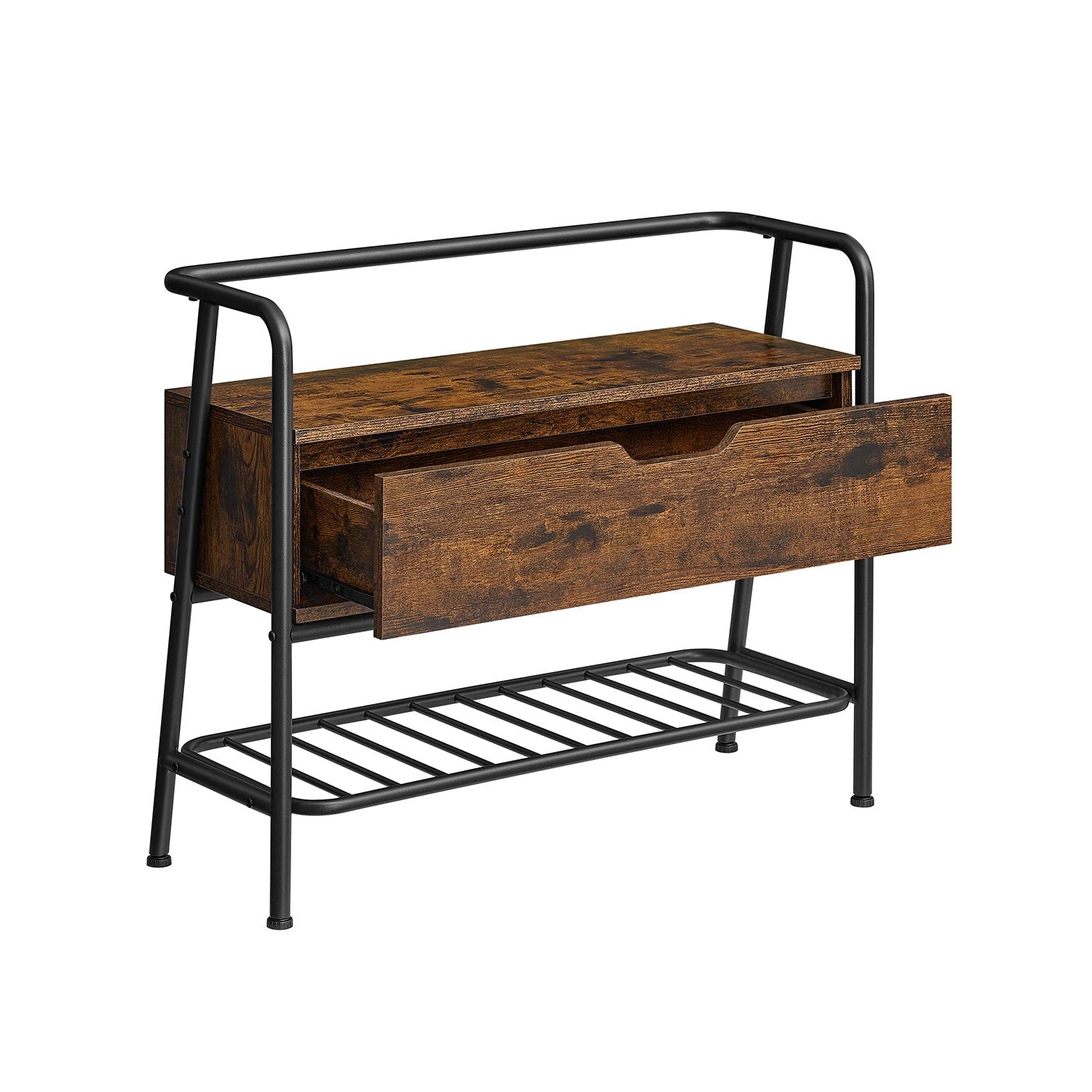 Shoe Storage Bench – Steel Frame – Rustic Brown and Ink Black – Industrial Style with Storage Drawer