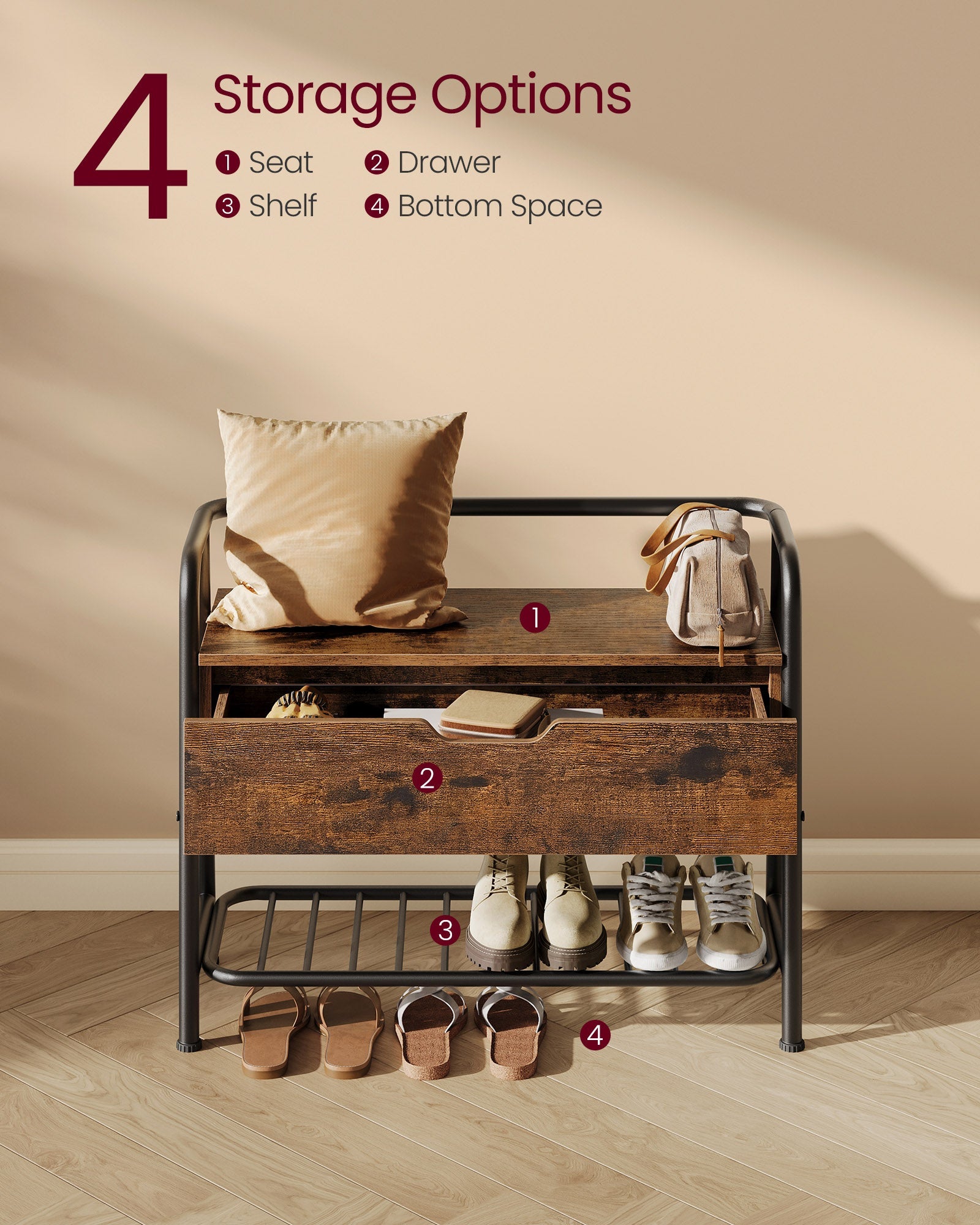 Shoe Storage Bench – Steel Frame – Rustic Brown and Ink Black – Industrial Style with Storage Drawer