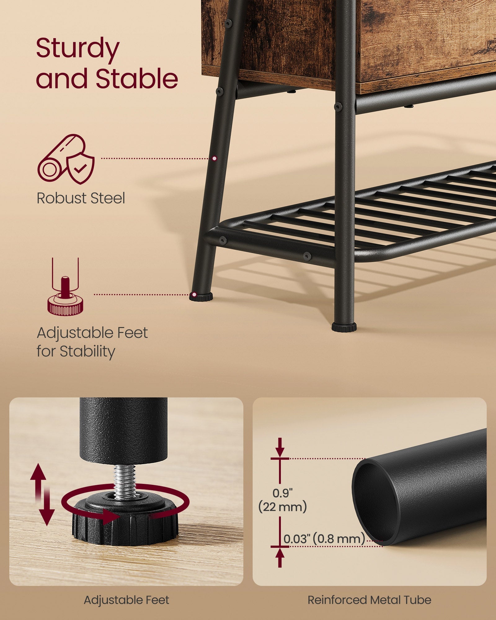 Shoe Storage Bench – Steel Frame – Rustic Brown and Ink Black – Industrial Style with Storage Drawer