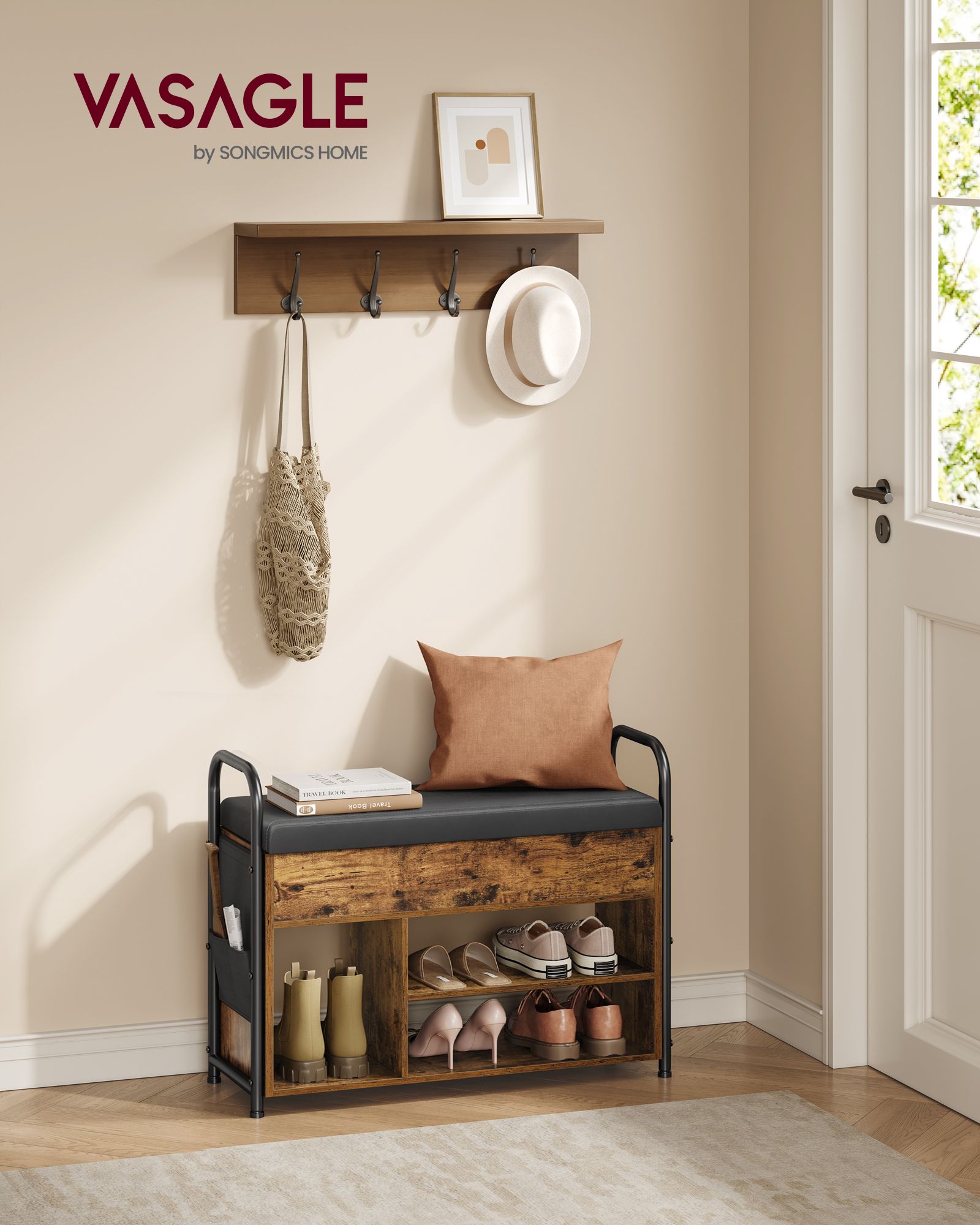 Shoe Storage Bench – Wood and Fabric – Rustic Brown and Ink Black – Inner Storage with PU Pockets and Handles
