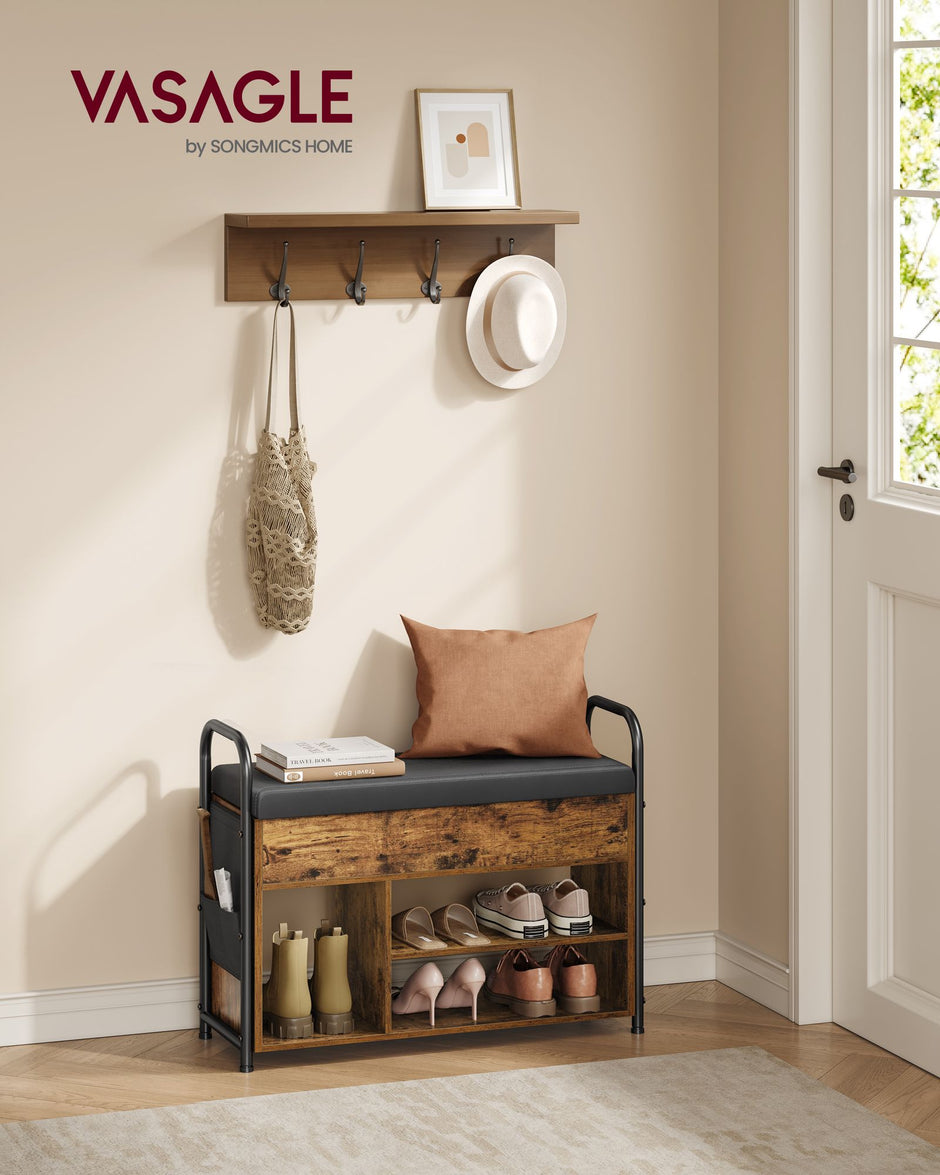 Shoe Storage Bench – Wood and Fabric – Rustic Brown and Ink Black – Inner Storage with PU Pockets and Handles