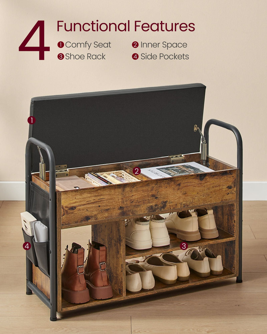 Shoe Storage Bench – Wood and Fabric – Rustic Brown and Ink Black – Inner Storage with PU Pockets and Handles