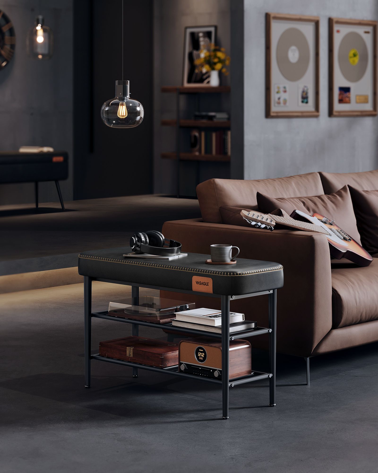 Shoe Bench – Synthetic Leather – Ink Black – Mid-Century Modern Design with Storage