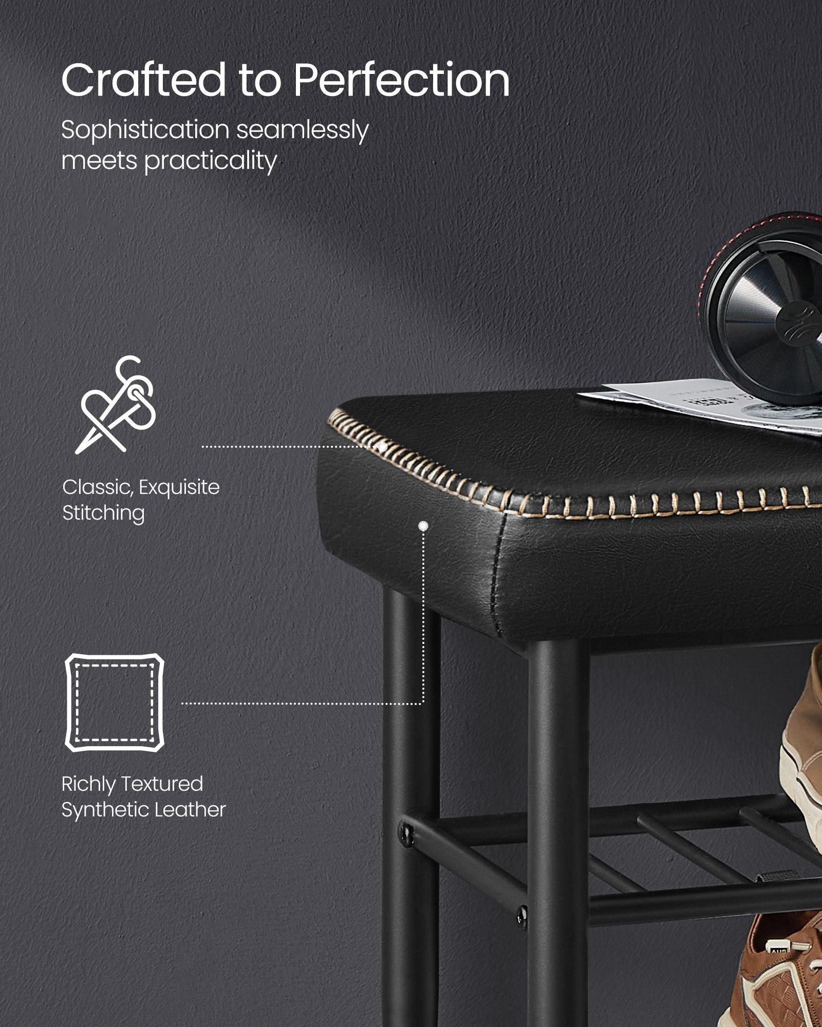 Shoe Bench – Synthetic Leather – Ink Black – Mid-Century Modern Design with Storage